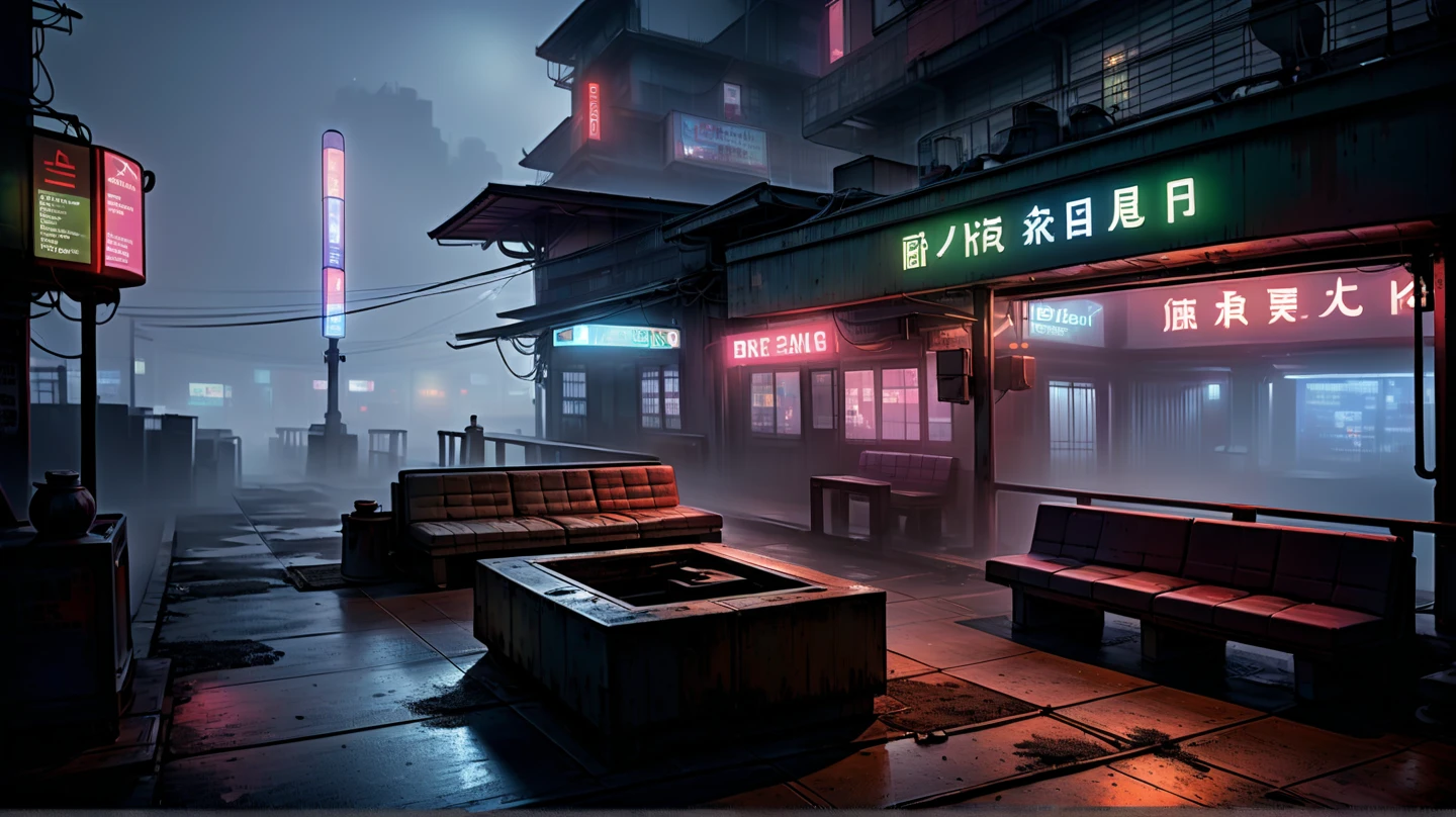  cyberpunk scene , ( Ultra Detailed ), (((masterpiece))),  ((( realistic )),  masterpiece (最 High Quality ), ((photo realistic : 1.2)),( High Quality :1.4), ( High Definition :1.3), ( very detailed:1.28),  cinematic lighting, masterpiece,  perfect anatomy,  A little expensive ,  dark,  An old veranda with a long roof looking through the fog 、 cyberpunk vibe ,  Night Streetscape with Neon Lights Glowing . Rusty ,  The industrial structure has damp wooden floors .   The well-worn sofa with cushions creates a cozy atmosphere in the dark . internal,  control panel with fuzzy screens and old posters lining the wall . From the veranda 、 I can see blurry buildings and subtle neon lights I can see the skyline in the fog . 雰囲気は darkです,  isolated , and、Gritty,   warm candlelight and a cool  , Distant city lights,  A little expensive  -- aspect 16:9