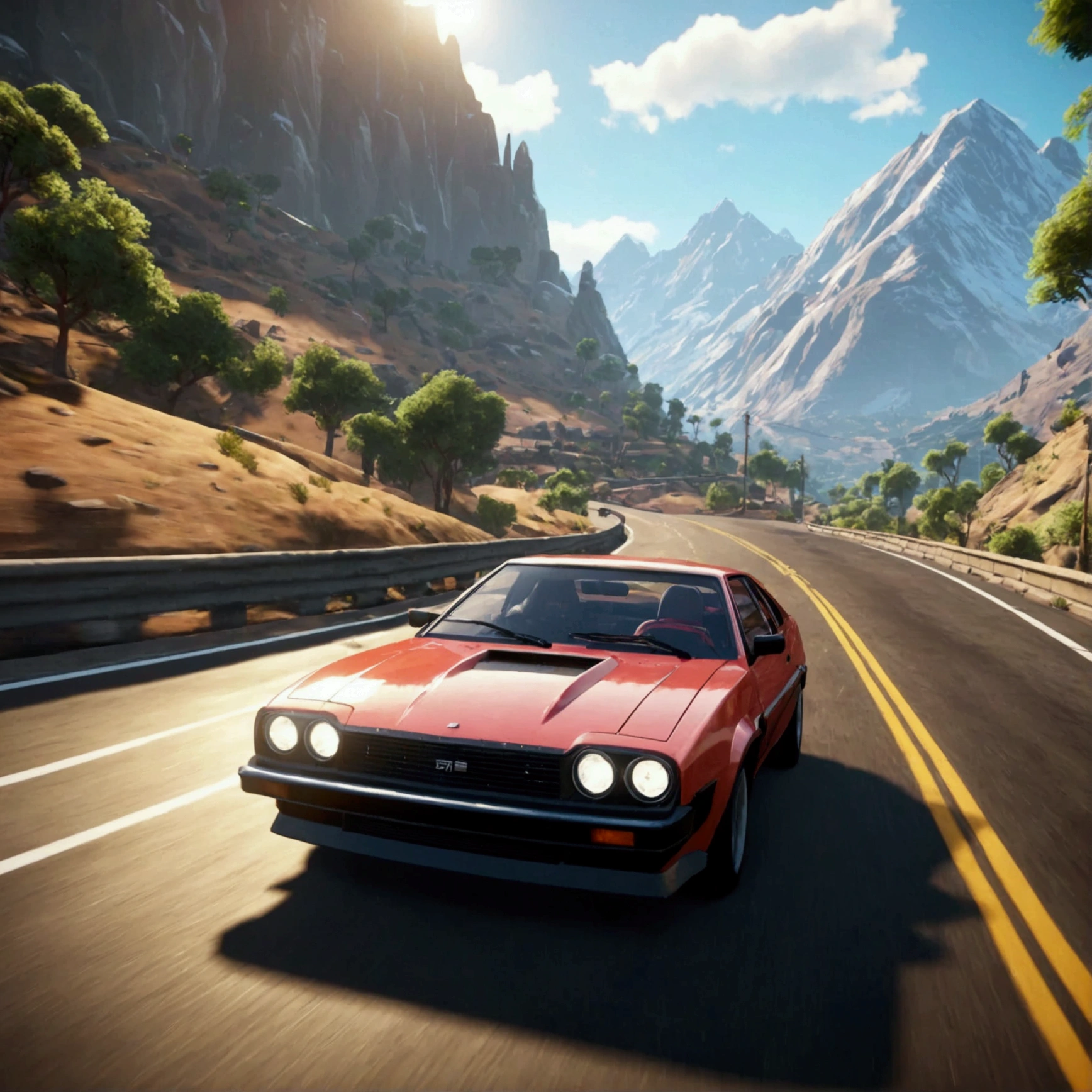 a close up of a car driving on a road with mountains in the background, video game screenshot>, ultra wide gameplay screenshot, gameplay footage, gameplay still, gameplay screenshot, gameplay screenshot with ui, screenshot from the game, video game screenshot, gameplay, screenshot from game, outrun style, game screenshot, gameplay video, in game screenshot, action scene screenshot, blurry light particles