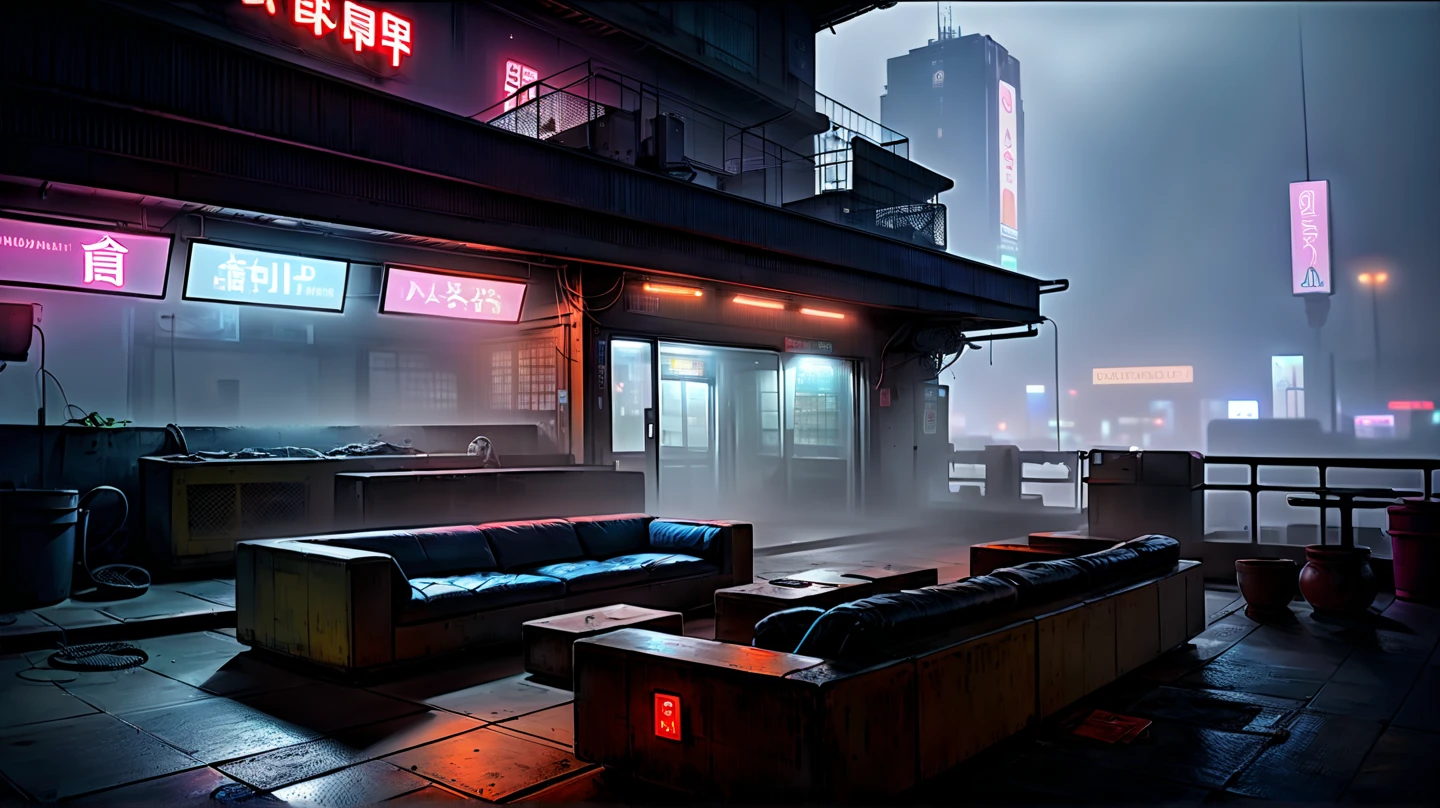  cyberpunk scene , ( Ultra Detailed ), (((masterpiece))),  ((( realistic )),  masterpiece (最 High Quality ), ((photo realistic : 1.2)),( High Quality :1.4), ( High Definition :1.3), ( very detailed:1.28),  cinematic lighting, masterpiece,  perfect anatomy,  A little expensive ,  dark,  An old veranda with a long roof looking through the fog 、 cyberpunk vibe ,  Night Streetscape with Neon Lights Glowing . Rusty ,  The industrial structure has damp wooden floors .   The well-worn sofa with cushions creates a cozy atmosphere in the dark . internal,  control panel with fuzzy screens and old posters lining the wall . From the veranda 、 I can see blurry buildings and subtle neon lights I can see the skyline in the fog . 雰囲気は darkです,  isolated , and、Gritty,   warm candlelight and a cool  , Distant city lights,  A little expensive  -- aspect 16:9