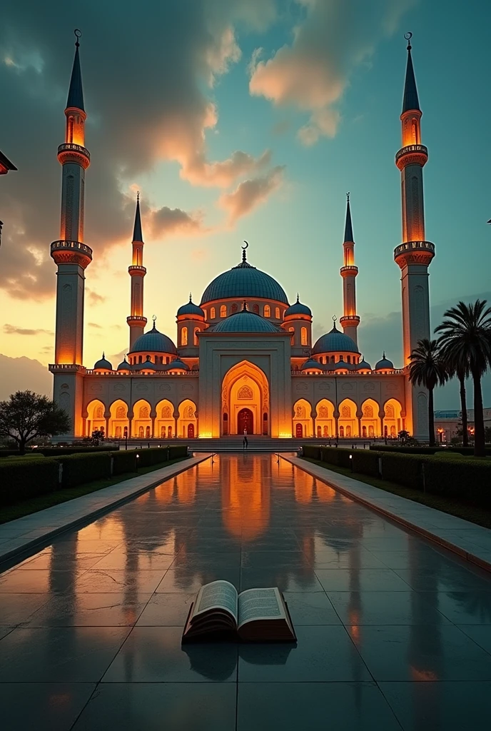 a large white mosque with a reflection in the water, with beautiful mosques, mosque, Islamic architecture, beautifully symmetrical, incredibly pretty, beautiful place, middle East, moroccan mosque, Arab architecture, beautiful and spectacular sunset, shutter, perfectly symmetrical, beautiful photo, stunning beautiful, perfect symmetrical image, vivid and detailed, beautiful image, mesmerizing