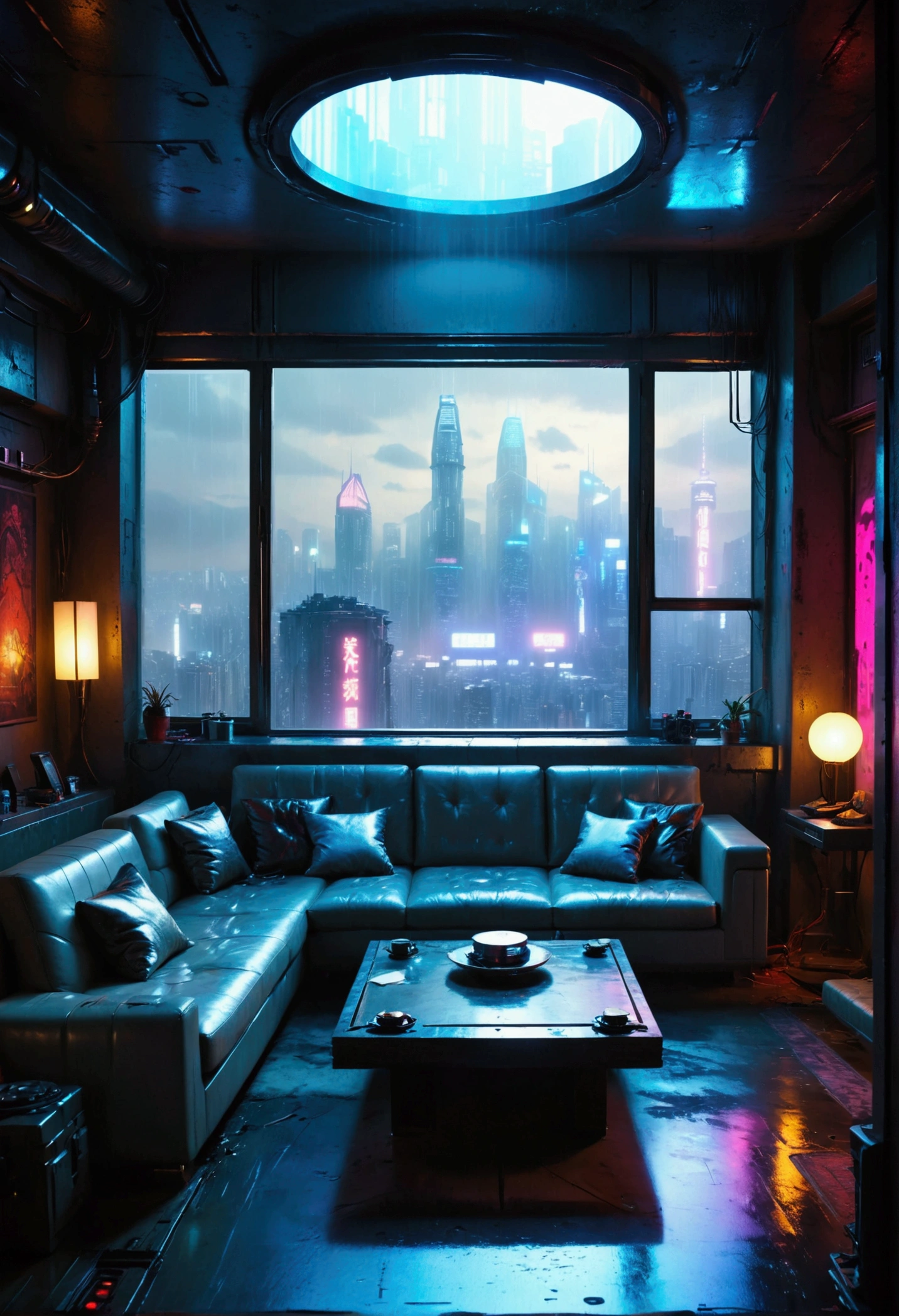  The apartment has 、 There is a sofa and table in the room with city views,  cyberpunk setting ,  cyberpunk vibe , Cyberpunk dream landscape, Blade Runner vibes, the Cyberpunk Apartment,  like Blade Runner scene,  Dirty Cyberpunk City , Dystopian City Apartment ,  cyberpunk lights ,  Cyberpunk Aesthetics ,  Blade Runner's Apartment , Cyberpunk Apartment, neon rainy  cyberpunk setting ,  Cyberpunk Climate 