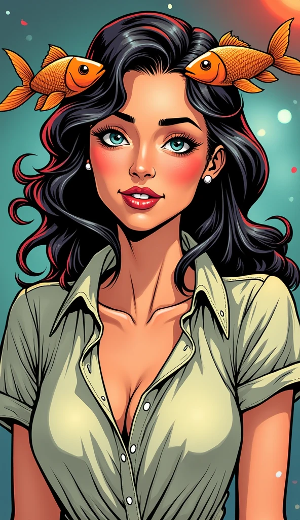 Thin woman, age 25, 4K (High definition), thoughtful, seducing gaze, eyes browns, wearing red dress (with zipper) with princess neckline and short sleeves, arms positioned at the side of the body, Caucasian skin, straight black hair down to shoulder length, standing (upper body), full of curves with freckles across her chest and neck, round breasts. Marvel style high quality, white background.