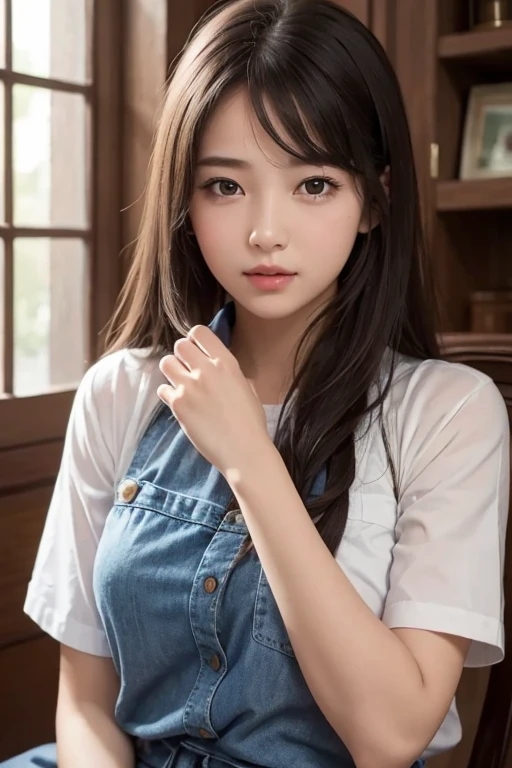 ((best qualtiy、8k masterpieces:1.3))、foco nítido:1.2、(ultra beautiful faces:1.0)、(shinny skin:1.0)、photos realistic、A dark-haired、Video Lighting、High-definition eyes and face、Video Lighting、(cowboy shot:1.3)、(Korean Cute Actress)、from the front side、medium large breasts、ssmile、Sleeveless、Slender Abs Beauty、Wearing a white blouse