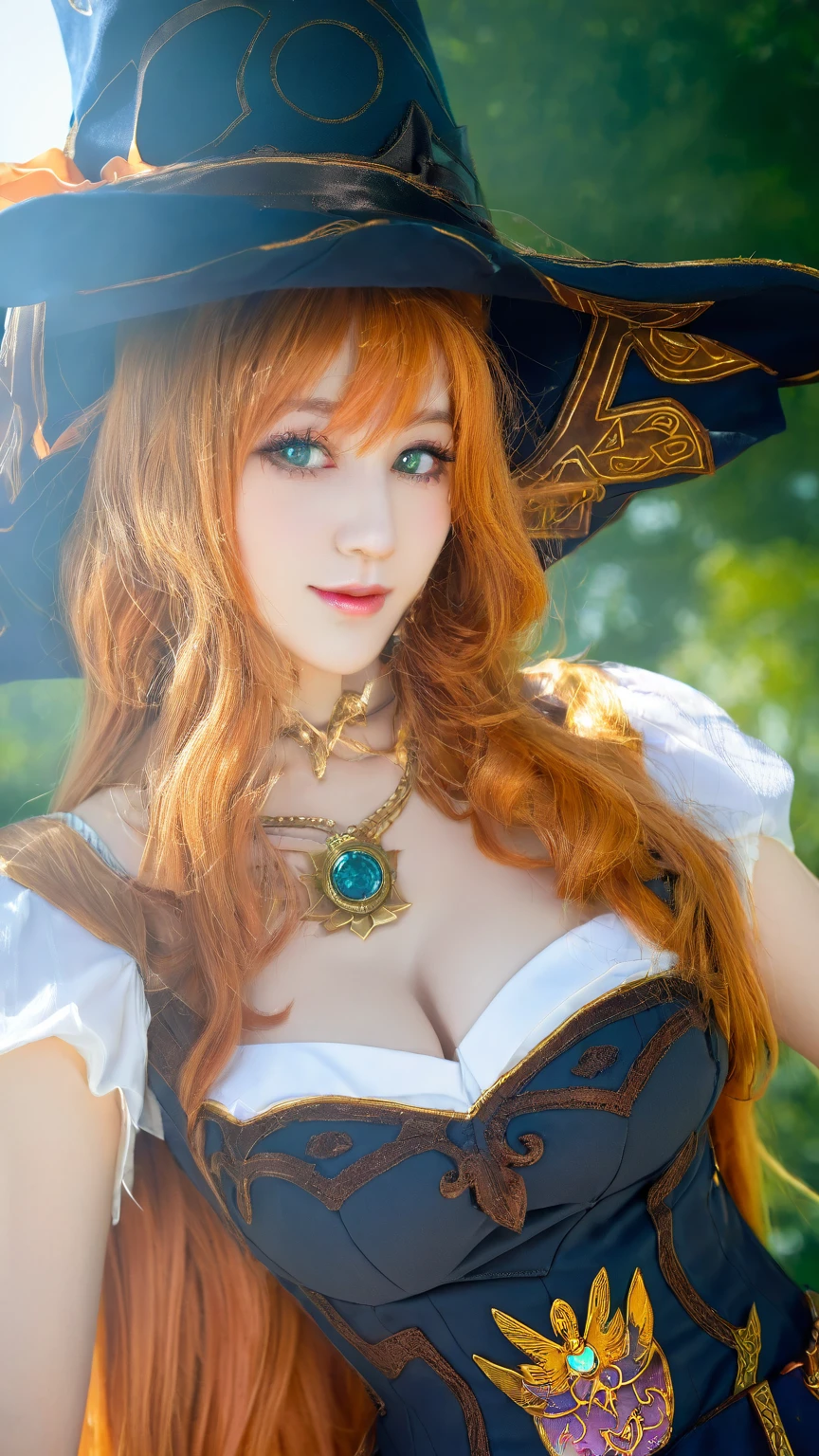 a close up of a woman wearing a hat and dress, anime cosplay, anime girl cosplay, pretty sorceress, castlevania witch, miss fortune league of legends, marisa kirisame, ornate cosplay, miss fortune, a beautiful sorceress, beautiful sorceress, cosplay, flirty anime witch casting magic, glamourous cosplay, professional cosplay