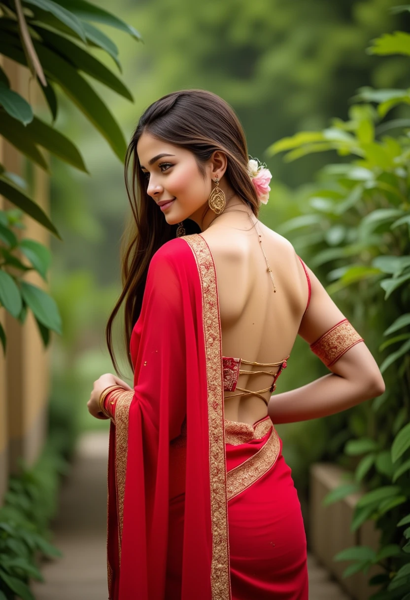 The image depicts a woman captured from behind, emphasizing the elegance of her traditional attire and posture. She is dressed in a vibrant red saree with intricate golden embroidery along the border, exuding a classic and graceful appeal. The saree drapes gracefully over her shoulder, showcasing the richness of its fabric and design.

Her blouse is backless with delicate string ties that crisscross her back, highlighting the simplicity and sensuality of the traditional style. A gold waist chain adds a subtle yet striking accessory that complements the attire, enhancing the overall aesthetic.

Her hair is long and flows naturally, with a soft, silky texture. A small flower adorns her hair, adding a charming and feminine touch. The background features lush greenery with blurred foliage, creating a serene and tranquil atmosphere. The soft lighting and natural colors enhance the image's earthy and elegant feel, making it a timeless and culturally enriched portrait.