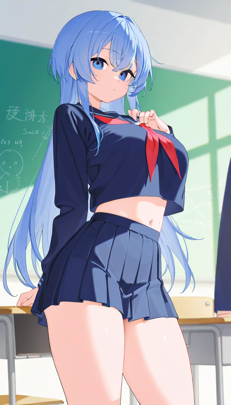 masutepiece, Best Quality, hight resolution,Long blue hair,1girl in,Original girls,Colossal tits,fullllbody,school class room background,Shirt,blazers,a miniskirt,Smiling,beautiful ass,buttocks are turned,pink panties