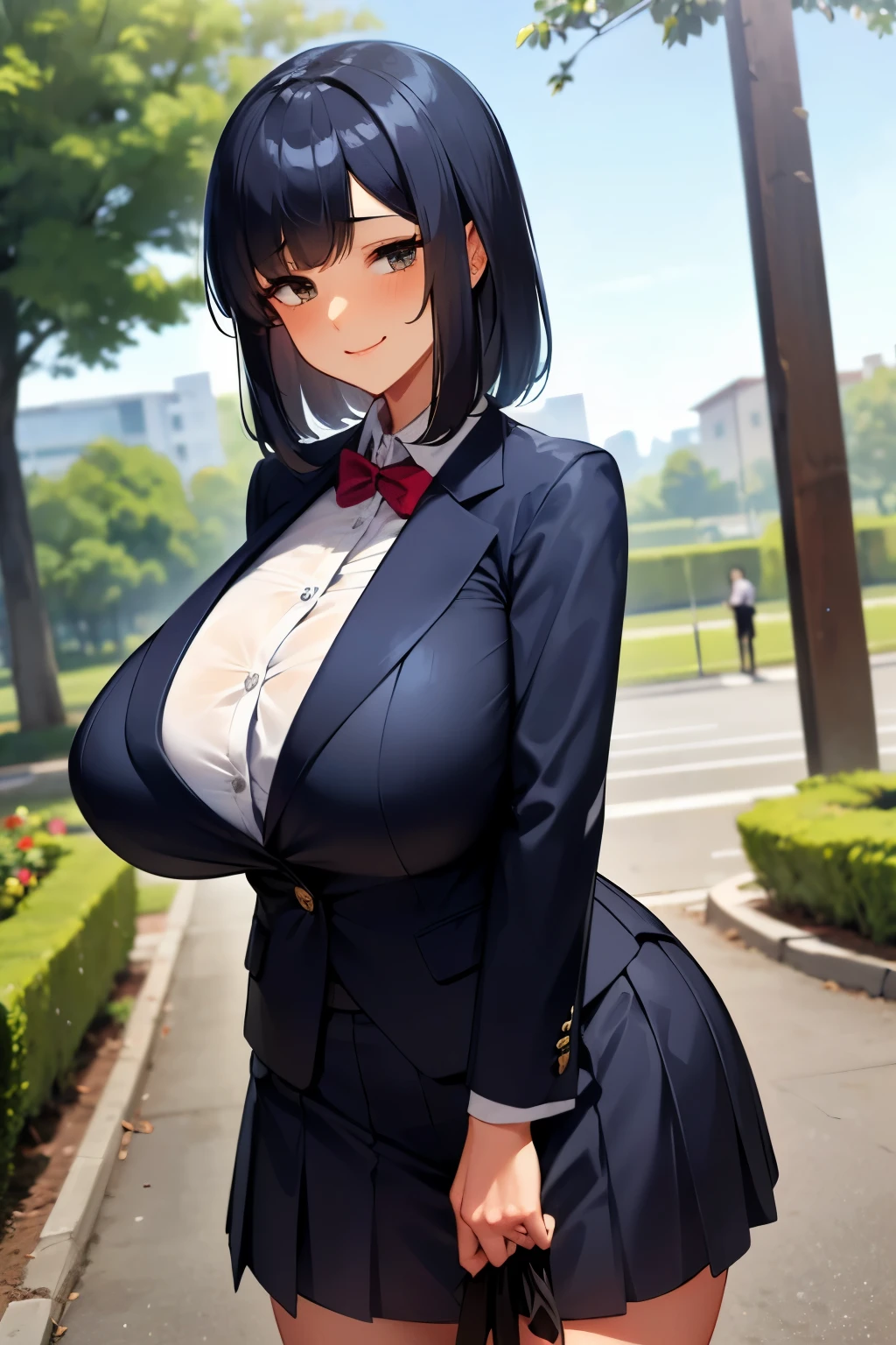 (超  High Definition , Depict hair in detail , 8k,  High Definition , anime,  absurd:1.2), Japanese women, School teacher, 20th Generation, ( semi-long black hair  , Boring bangs),  tall , [Plump body],  beautiful character design,  perfect contrast ,  perfect little ,  ANATOMICALLY CORRECT , Beautiful and sophisticated eyes ,  perfect face,  Expressive Eyes  ,  brown eyes, I love naughty things, Smile, ( business_suit,  blazer,  white,  skirt_suit), (huge breasts, 垂れた huge breasts:1.2), ( Slim waist:1.0), ( wide hips),  cowboy shot showing shoulders, Daytime, In the garden