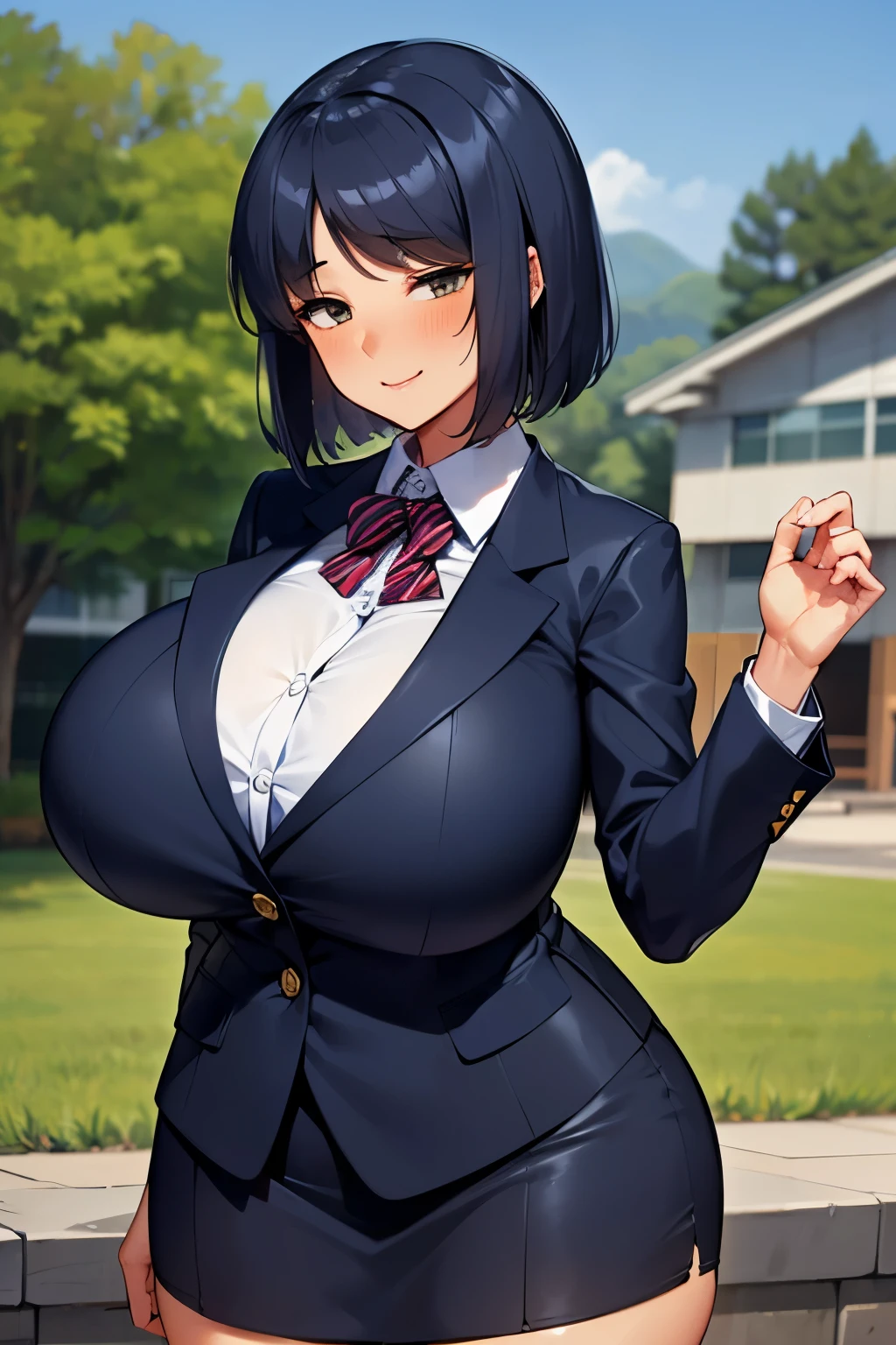 (超  High Definition , Depict hair in detail , 8k,  High Definition , anime,  absurd:1.2), Japanese women, School teacher, 20th Generation, ( semi-long black hair  , Boring bangs),  tall , [Plump body],  beautiful character design,  perfect contrast ,  perfect little ,  ANATOMICALLY CORRECT , Beautiful and sophisticated eyes ,  perfect face,  Expressive Eyes  ,  brown eyes, I love naughty things, Smile, ( business_suit,  blazer,  white,  skirt_suit), (huge breasts, 垂れた huge breasts:1.2), ( Slim waist:1.0), ( wide hips),  cowboy shot showing shoulders, Daytime, In the garden