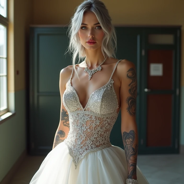 Woman (late 20's), small belly, butterfly tattoos on arms and shoulders, light blue hair in bun, pale white skin with freckles, bright blue eyes, curvy huge perky breast, thick legs, big perfectly butt, skin tight strapless wedding dress with long sleeves (butterfly mesh), breast cleavage, slutty pose