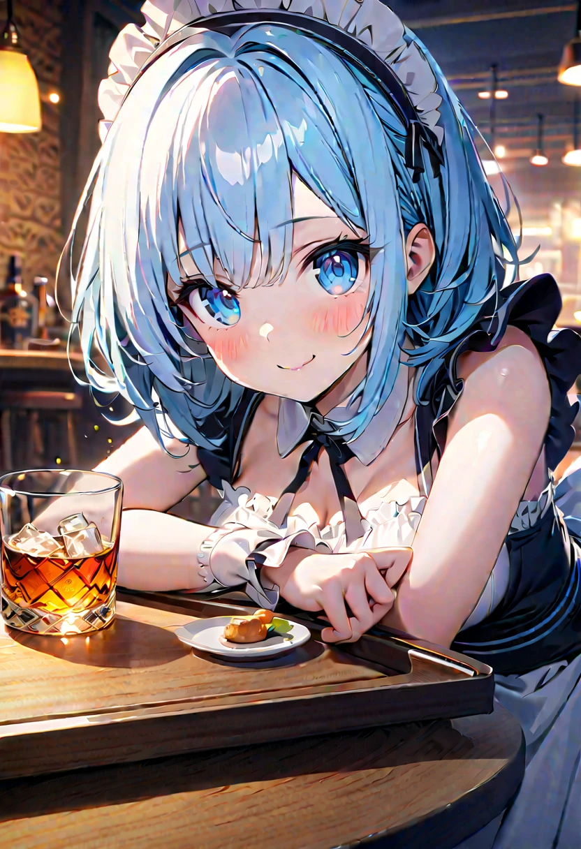masterpiece,best quality,highres,cinematic lighting,dramatic angle,<lora:ShadowverseBarbarosV2-000027:0.8:lbw=barbaros>,1girl,blue hair,gradient hair,ahoge,hat,coat,white shirt,off shoulder,collarbone,teeth,evil smile,beer,at bar,crowd,sitting,blue bird on shoulder
