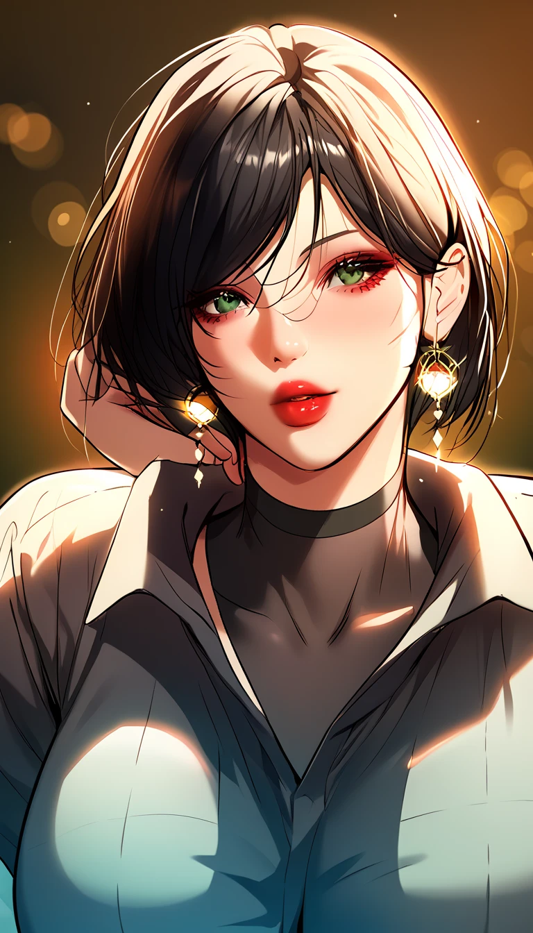 Portrait, magazine cover, outdoors, bokeh background, depth of field, beautiful woman red lips, very short black hair, green eyes, choker, earrings, long-sleeved polo shirt with black turtleneck, (huge breasts) (masterpiece) , (best quality), absurd, intricate details, (highly detailed skin),