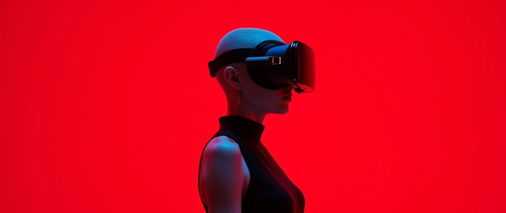 una hermosa mujer albina con piel bastante blanca en medio de una ciodad futurista utiliando un vr headset de alta tecnologia para explorar su entorno a young woman as a ((holographic performer)) with ((shaved hair))    , The image shows a woman wearing a virtual reality (VR) headset. The headset is black and has a sleek design with a curved shape. The woman has blonde hair tied up in a ponytail and is wearing a black dress with a high neckline. The background is a solid red color, creating a striking contrast with the woman's outfit. The image appears to be taken in a dimly lit room, giving it a futuristic and immersive feel.