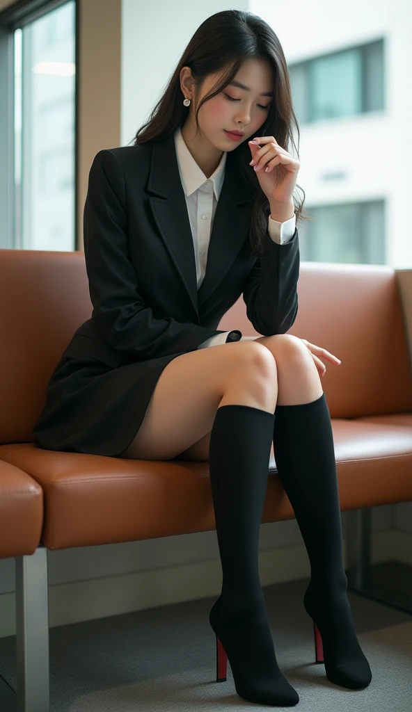 A beautiful girl in a suit and light black pantyhose sticks out her feet a little and tries to make me smell her toes.