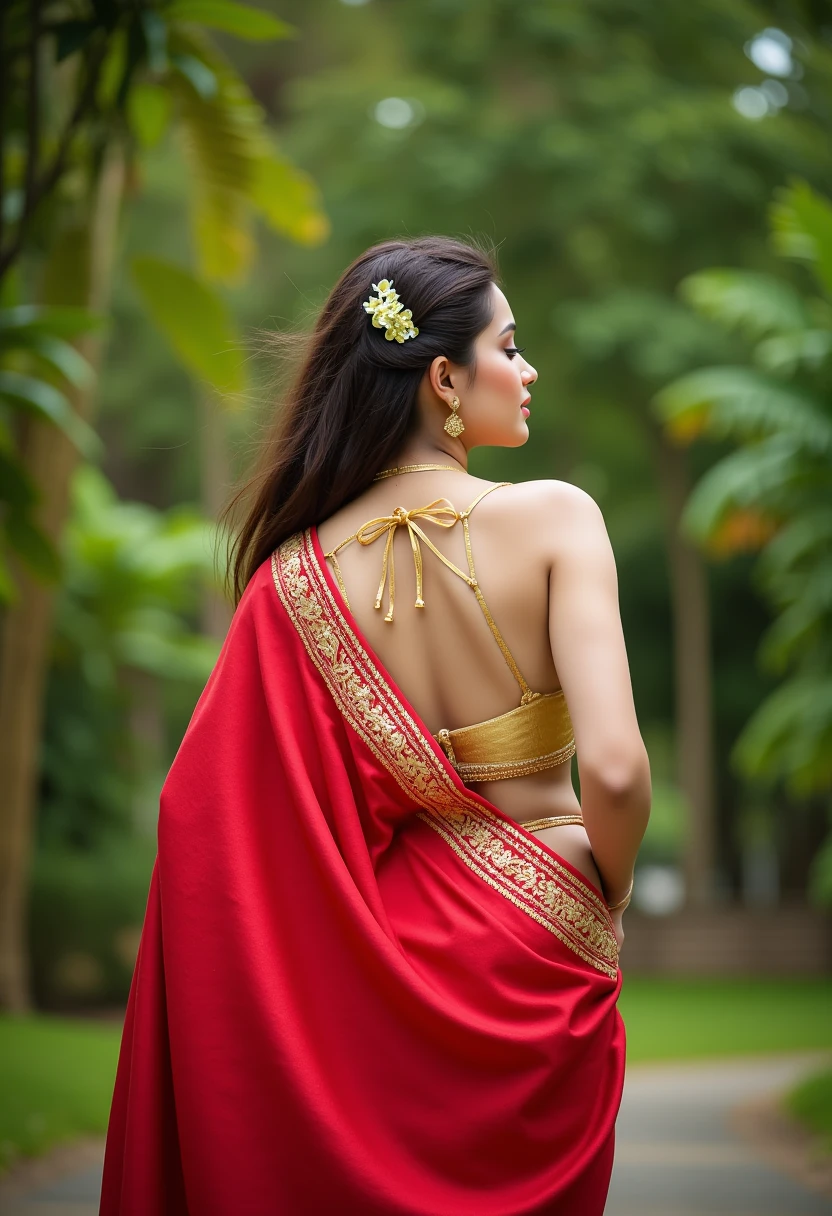 The image depicts a woman captured from behind, emphasizing the elegance of her traditional attire and posture. She is dressed in a vibrant red saree with intricate golden embroidery along the border, exuding a classic and graceful appeal. The saree drapes gracefully over her shoulder, showcasing the richness of its fabric and design.

Her blouse is backless with delicate string ties that crisscross her back, highlighting the simplicity and sensuality of the traditional style. A gold waist chain adds a subtle yet striking accessory that complements the attire, enhancing the overall aesthetic.

Her hair is long and flows naturally, with a soft, silky texture. A small flower adorns her hair, adding a charming and feminine touch. The background features lush greenery with blurred foliage, creating a serene and tranquil atmosphere. The soft lighting and natural colors enhance the image's earthy and elegant feel, making it a timeless and culturally enriched portrait.