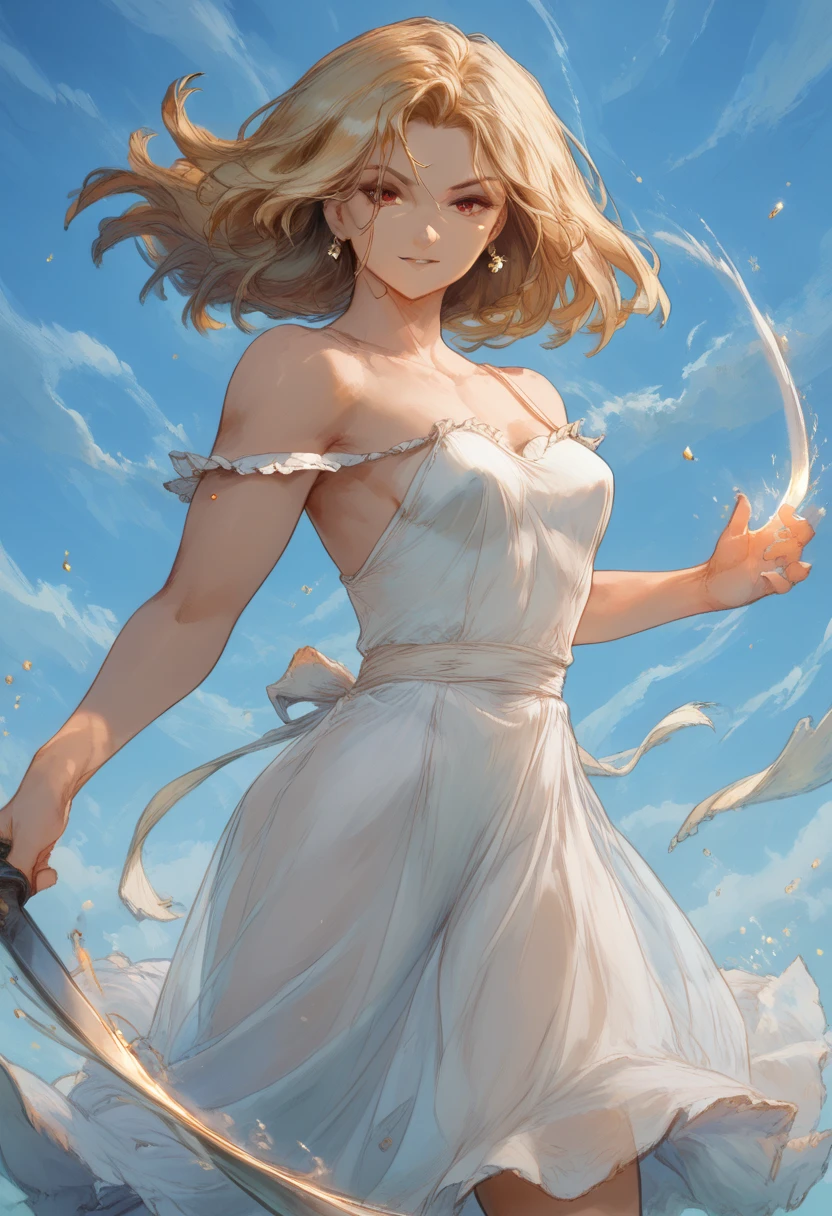 (masterpiece), ((highest quality)), (super detailed), ((very delicate and beautiful)), (incredibly absurd))), (perfect body))), 1 girl, glowing white particles, fighting, holding_sword, blonde bob, red eyes, seventeen years old, outdoor, sky, aura full body, big, white tattered dress, bare shoulders, small smile, sea + background, wind, perfect hands, hand details, modified fingers. Earrings, looking_at_viewer, cowboy shots, rich detail, perfect image quality