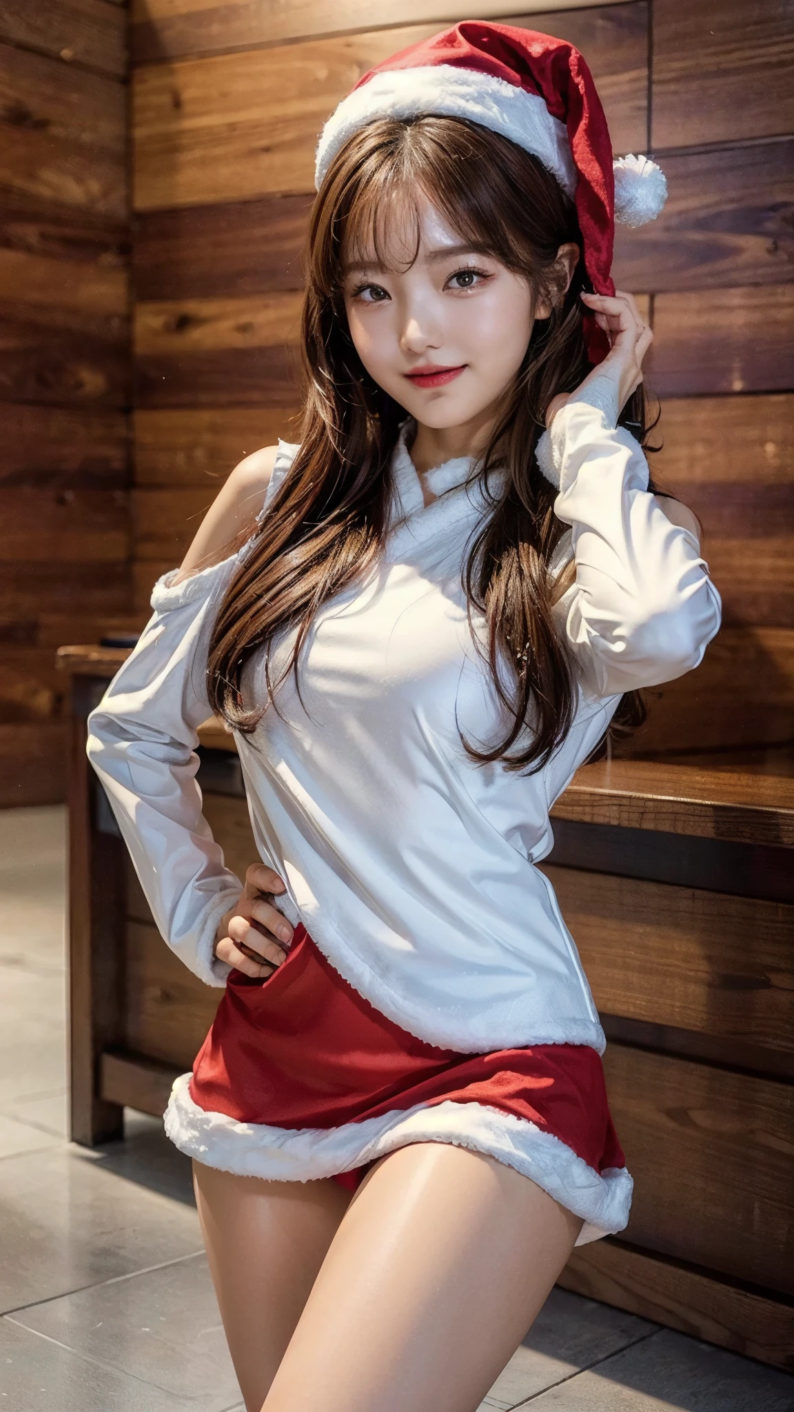 ((32K:1.8,Photographically:1.8, masterpiece,top quality:1.8, super high res )), Ultimate Perfect Dynamic Composition , high resolution skin and facial textures , perfect dynamic configuration ,(High quality details, realistically depicts eyes kissed in a changing room:1.3),( complicated details),( fine details),Product quality,( Beautiful Illuminated Sparkling Night Background :1.3), Christmas light , christmas tree , 1 young and beautiful Japanese woman ,18 years old,smile,(Well-balanced:1.3), cowboy shot showing shoulders,Young and beautiful Japanese girl,( Cute Sexy Micro Mini Skirt Santa Claus Costumes:1.3),Warm Santa Claus Red Clothes , Santa Claus hat , Red knee-length socks , red boots , Giveaway, beautiful face, cutest type on women,baby face, Slightly round face, glossy lips , double eyelid , SMALL AND CUTE NOSE ,( Natural Cosmetics ), long and shiny , smooth light brown hair ,,, asymmetrical bang ,Beautiful Bangs,【Imaging Center,8k resolution, attention to detail, detailed hairstyle , detailed face , movie lights, octane rendering , super real , Perfect limbs, beautiful legs, has thick thighs ,Big Breasts, perfect anatomy, (大きな Giveawayバッグを持って, Classic Merry Christmas Poses :1.3)