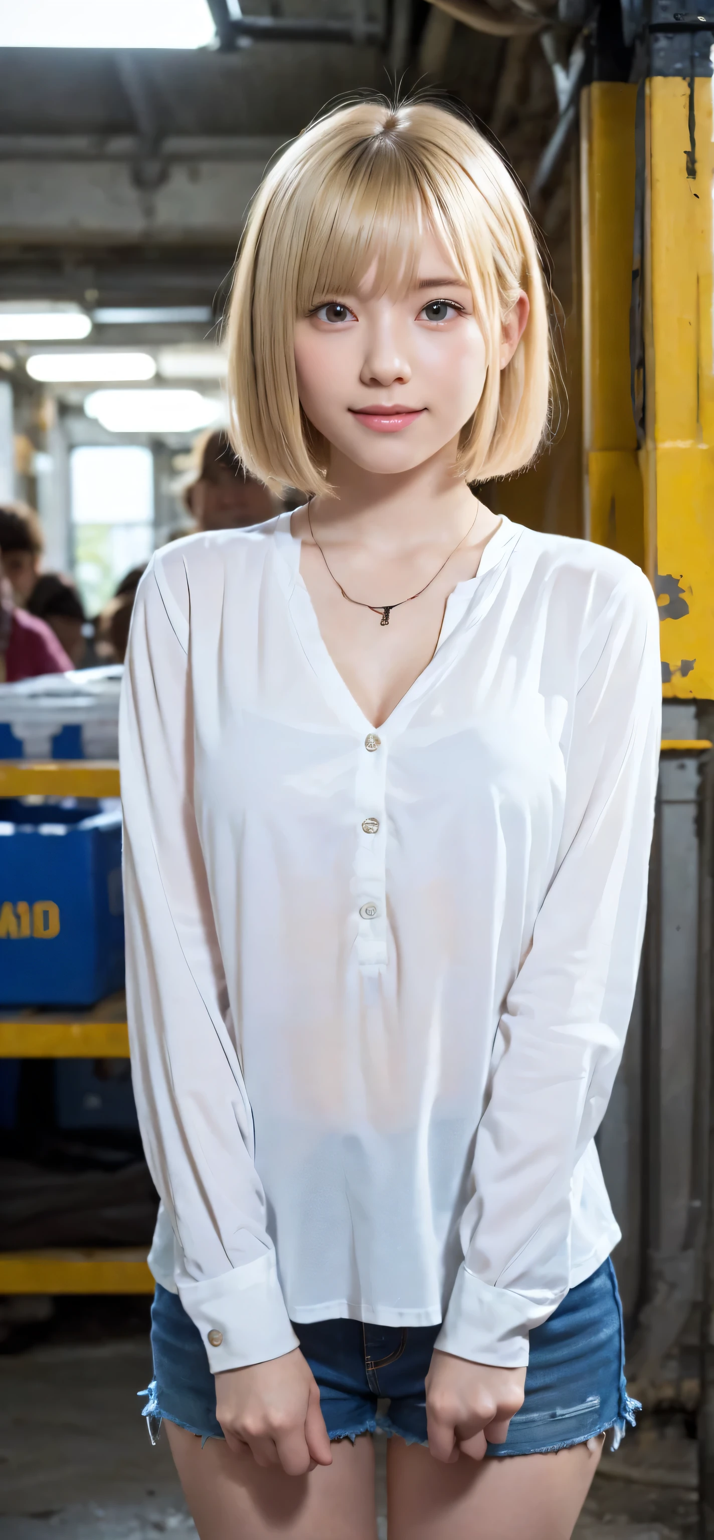 hyperrealistic beautiful busty 18-year-old women in v-neck shirt and skinny jeans, model shooting full body photography, view from behind, natural blonde short classic bob, dark eye makeup with eyeliner, seductive smile, small necklace and earrings, 8K, best quality, Meisterwerk, ultra high resolution, (Realismus: 1.4), Originalfoto, (realistische Hautstruktur: 1.3), (Filmkorn: 1.3), (Selfie-Winkel), 1 girl, Beautiful round hazel eyes and facial details, Meisterwerk, best quality, selfie-pic-posing outside, nsfw
