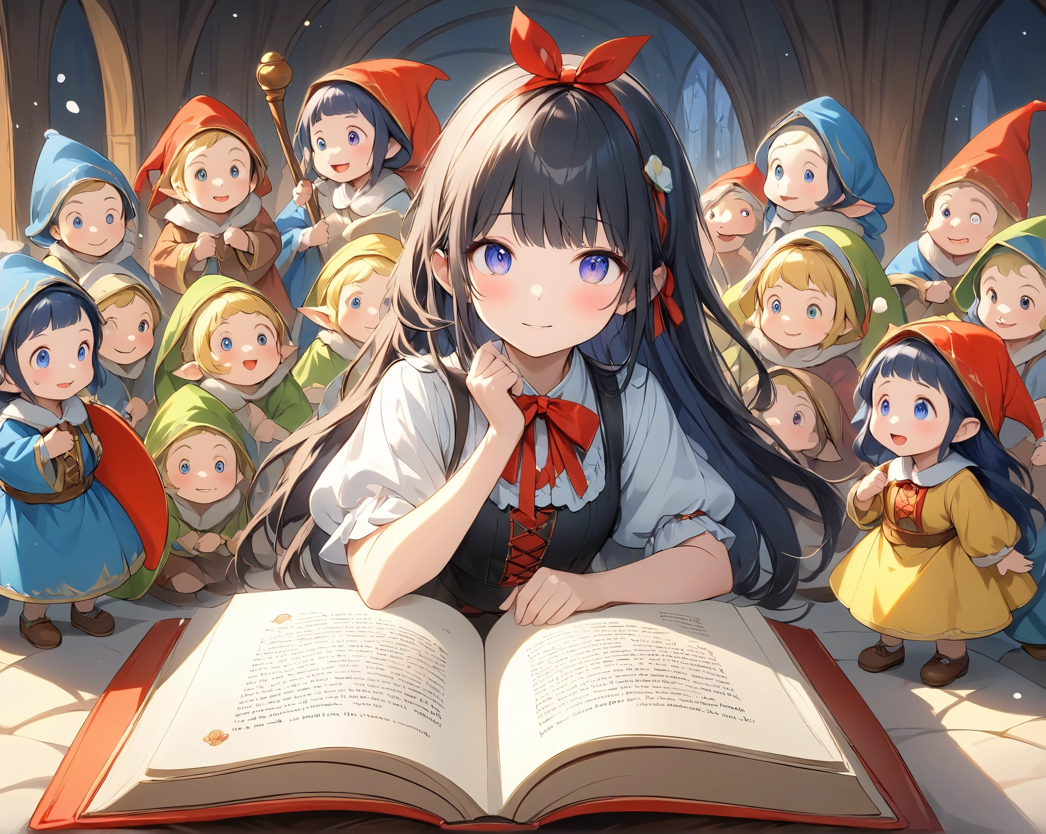  (masterpiece:1.2),( top quality ),( is composed of high quality ),( Extremely Absurd :1.2),((picture book that pops out))、((A story that pops out of a book))、((Works with ren's stories as motifs))、  snow white、 big red ribbon on the head 、The Seven Dwarfs