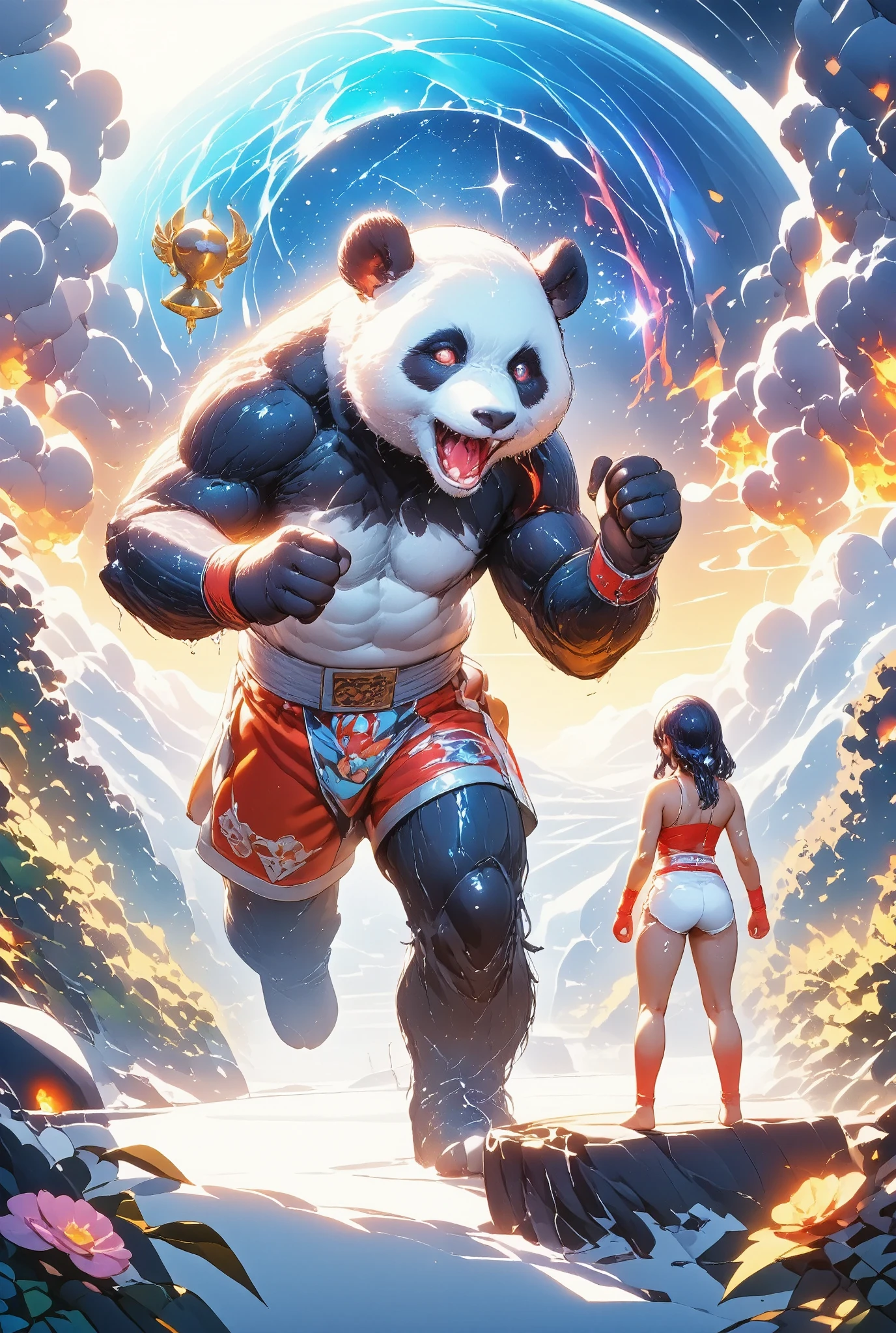 Reindeer and Panda Battle, Muay Thai fighter vs. terrifying man-eating panda, Slightly scientific illustrations, Knockout, Countdown bell, Geometrical pattern, Universe, Energy, Scent of Roses, Battle of the Girl and the Panda, Illustration, dedicated to Panda, ZIMA, Vivid illustrations like Gustav Klimt's, Apple Pie Scent, Panda dressed as Santa Claus, Girl dressed as Santa Claus, 7, City