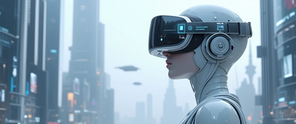  a beautiful albino woman with fairly white skin in the middle of a futuristic city using a high-tech vr headset to explore her environment a young woman as a ((holographic performer )) with ((shaved hair))