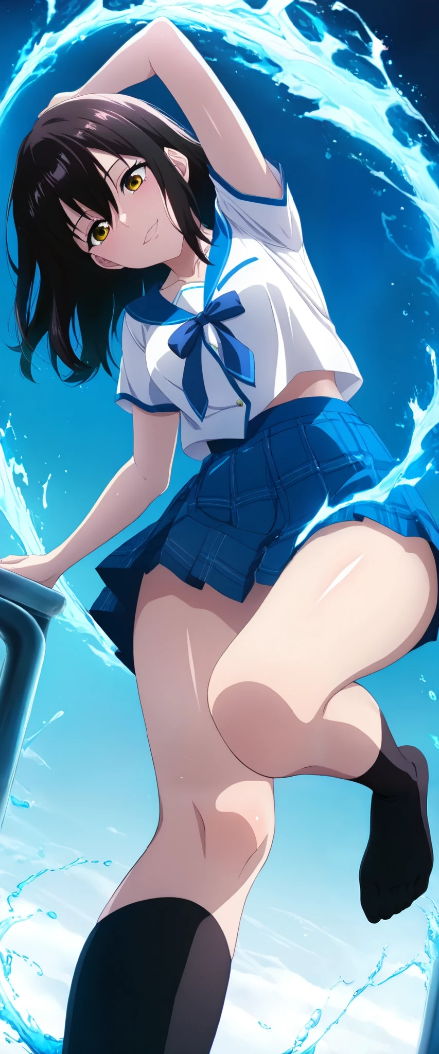 score_9, score_8_up, score_7_up, very aesthetic, source_anime, anime keyvisual, masterpiece, best quality, newest, 1girl, solo, shiny hair, shiny_skin,
simple background, water enveloping, blue aura, neolight, zPDXL
foreshortening, dutch angle, contrapposto, naughty smile, looking down, facing at viewer, low-angle-view, from below, fullbody, feet,
yukina, black socks, school uniform, serafuku, collarbone, short sleeves, blue miniskirt, pleated skirt,