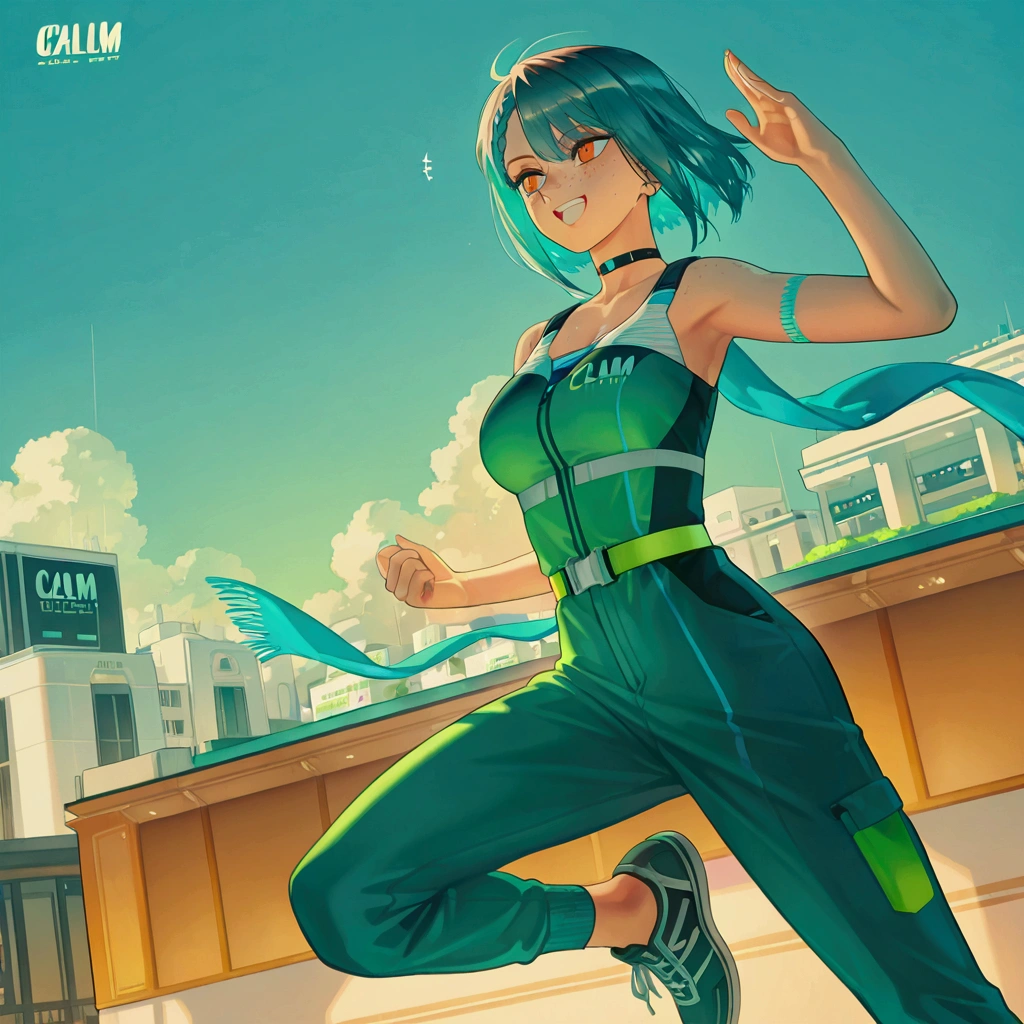 (masterpiece, best quality), best resolution, (2heads:1.5), 1girl, short white hair, blue eyes, different facial expressions, smiling, left head has one eye open and one eye closed, open mouth, closed mouth, happy, energetic, green shirt, gray pants, sneakers, dancing, frenetic dancing pose, nightclub