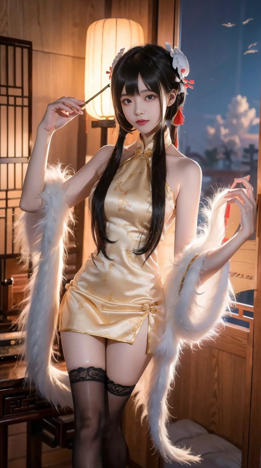 tokisaki kurumi, 1girl, solo,cosplay,
bare shoulders, chinese clothes, feather shawl, china dress, fur trim shawl, lace-trimmed thighhighs,
hair over one eye, long hair, double bun, hair bun, bun cover, ((Bare shoulders)), ((Full breasts)), ((Very big breasts)), ((The skirt is very short)), ((Very beautiful legs)), ((whole body)), actual, Fashion Girl, red lips, Mature women, Exquisite makeup, big eyes, beautiful, (best quality, masterpiece:1.2), Super detailed, (actual:1.37), ((Standing)), ((Random Scenes, Random shooting angle)), Young and energetic, Charming model, (Exquisite eyes, delicate lips), Show a bright smile, Create stunning girl images, warm color, Extremely saturated colors, Official Art, Extremely detailed CG, Unity 8k Wallpaper, (High Dynamic Range :1.4), (Movie atmosphere),(Soft colors), (Natural skin texture, ultra-actual, Soft Light, sharp),(Very detailed), night, moonlight, ((Correct Legs)), ((Anatomically correct))