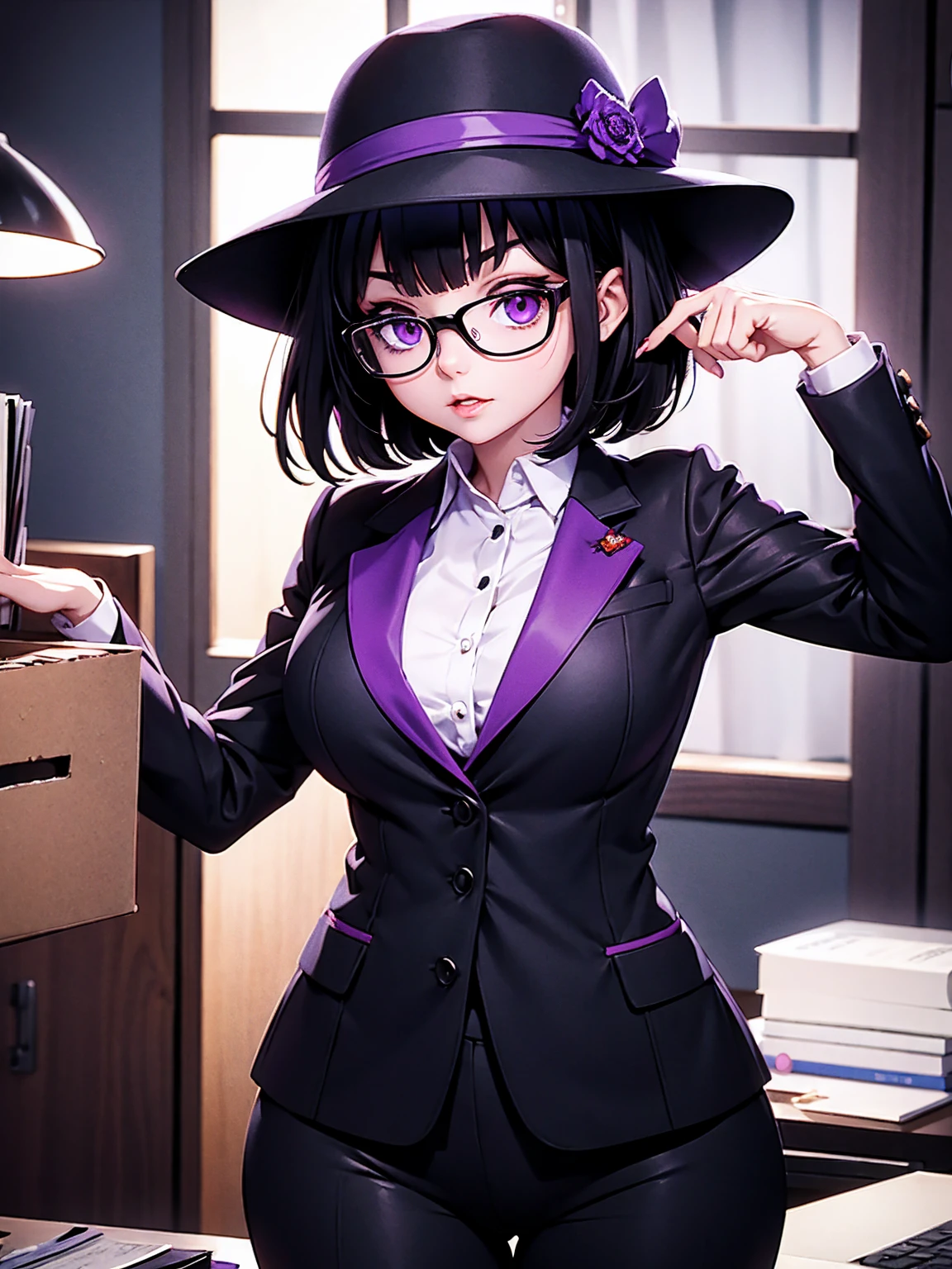 (Masterpiece), Best Quality, ultra-detailed, 1girl (jessie pokemon, Big and pretty breasts, , purple hair, hair slicked back, short hair,,blue eyes,  spectacles), a lovely face ,facing viewer, looking at viewer,lovely smile,  nose  blush, blush, solo, business suits, black  jacket, white shirts(buttons), necktie, black pleats skirt, ultra mini skirt, brown pantyhose, in the livingroom, night time, standing, Sexy waist teasing 