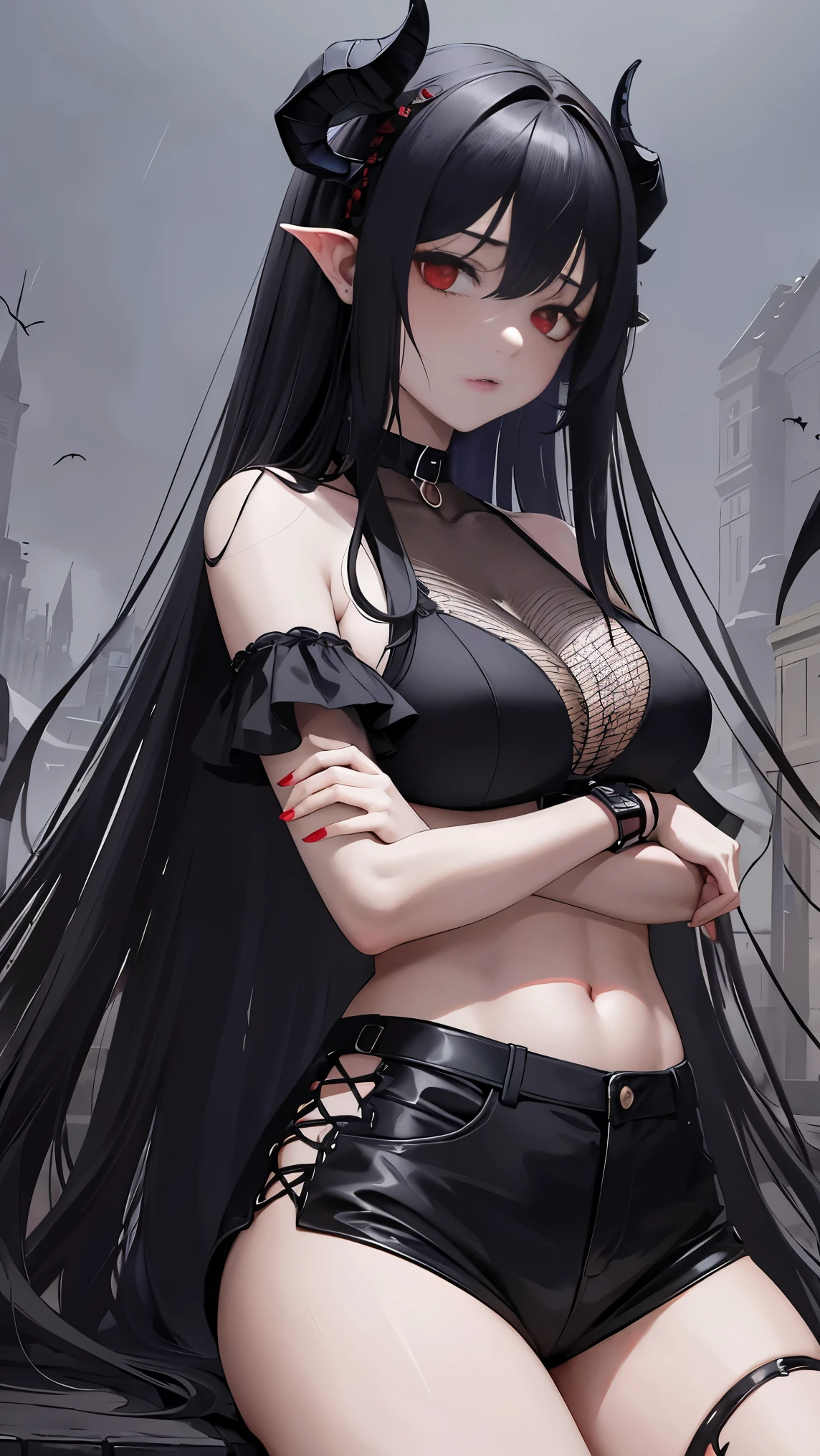 best quality, amazing quality, very aesthetic, absurdres, 1girl, rio (blue archive), blue archive, red eyes, black hair, strapless, (artist official art:1.5), (realistic face), (), (cowboy shot), (concept art:1.5), panties, (thigh, glowing eyes:1.4), perfect face, 4k, extremely detailed anime illustration, enhanced details, perfect anatomy, light rays, photo background, extremely delicate body, smooth skin, feminine expression, (black background:1.5), cristal clear eyes, beautiful face, big breasts