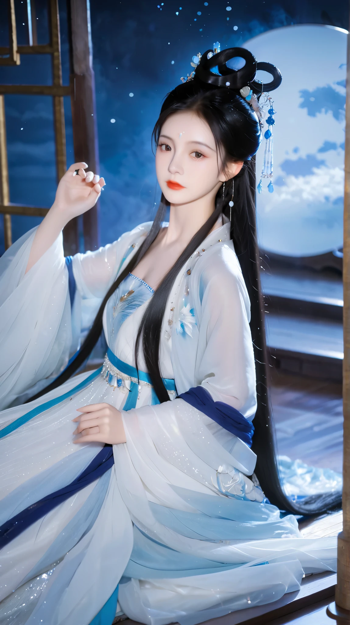  Best Quality  at best, 超高分辨率, ((( 1 girl))),(Long black hair), Game Fairy, Old Palace , Blue and white hanfu , ,  Elegant Light Yarn , jewelry, (focus), ((( colorful))), particle effects , masterpiece,  Best Quality  at best, Beautiful painting, meticulous,   Very detailed  , (masterpiece,  Best Quality  at best）  CG Uniform 8K Wallpaper，masterpiece， Best Quality ， super detailed）,  Ultra HD，Clear face