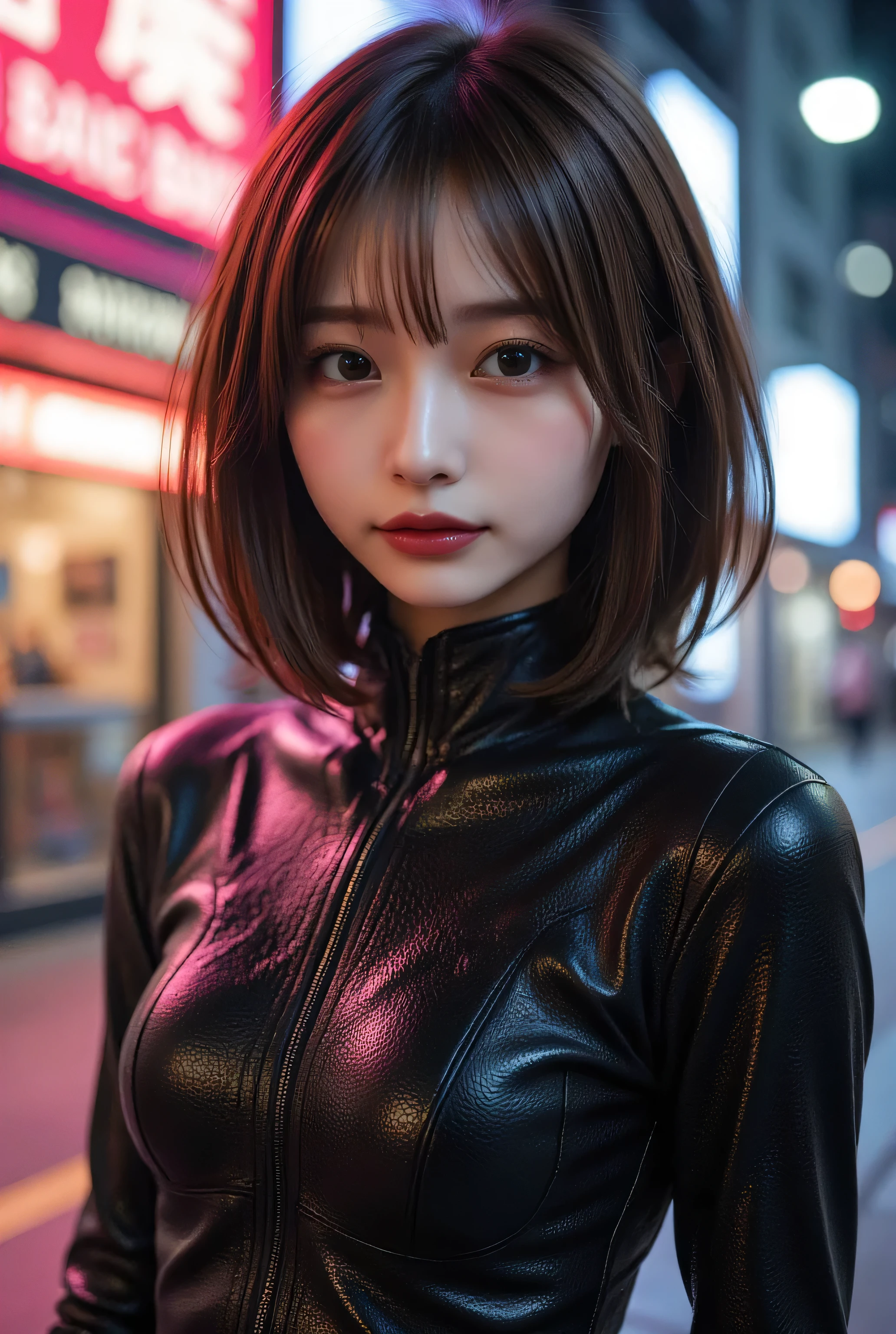 Breathtaking Beauty , perfect composition , proper placement , Golden Ratio, High Definition , top quality , EXQUISITE RESOLUTION , super detailed ,masterpiece, photorealistic, 8k, android, has her butt hidden in a , Adult Japanese Woman , Black Metal Android Suit :1.331, flat chest:1.331, slender body:1.331, Thin limbs:1.331, Slim waist :1.331, Slim waist :1.331, COMPLETE ANATOMY :1.331, Has a Small Head :1.331, Brown Hair, bob cut hair :1.21, detailed face , Delicate Realistic Oily Skin Texture , Outdoor Blurry Background , Dynamic Emotional Neon Light,depth of field, bokeh