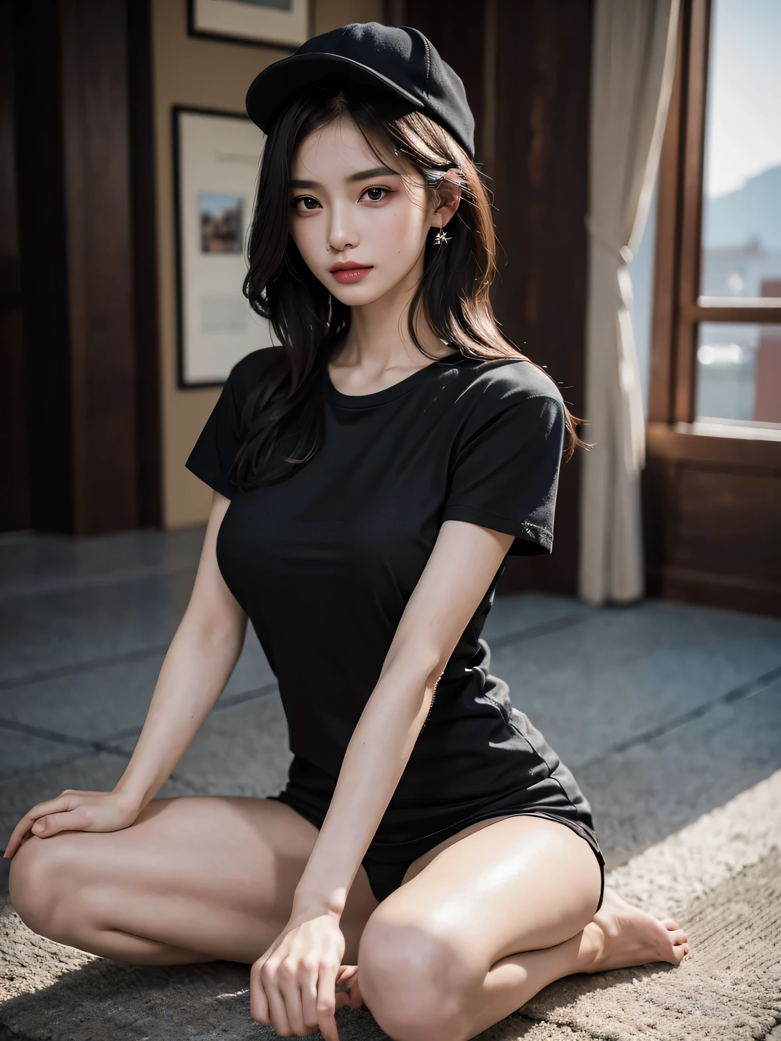 1girl, russian model women, long hair, plumpy body, perfect body, tall body, (medium :1.3), (medium :1.3),  pose, indoor, minimalist living room background, tight t-shirt, short skirt, cardigan outer, black hair, black hair, eye reflection, makeup, sleepy, bored, Fujicolor, masterpiece, ccurate, anatomically correct, textured skin, super detail, 4K