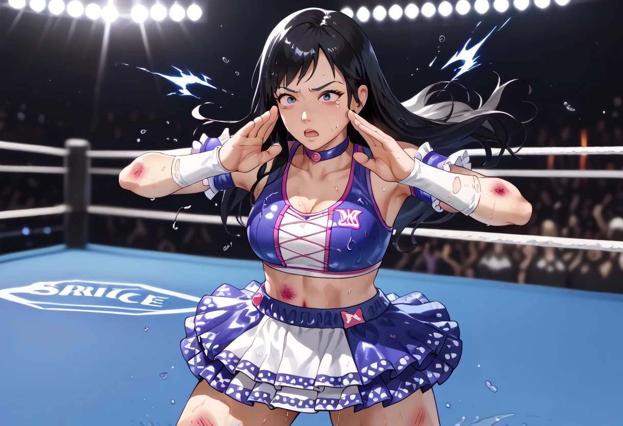 score_9, score_8_up, score_7_up,extremely detailed, high quality, absurd res, high res,atmosphere,(WWE ring), ,zPDXL, zPDLxxx,source_anime,looking at viewer, 1girl ,cowboy shot,, kicking, incoming kick, (Executing a high kick:1.2), dutch angle, motion lines, afterimage, energy foot, blue aura, cinematic lighting, lens flare, chromatic aberration, depth of field, masterpiece, best quality, very aesthetic, absurdres, ultra detailed, UHD, 8K, highly detailed, newest,、、、、 ,,,,,,,,,,1girl,kokoro, black hair, long hair,  large breast, kokorowrestling, crop top, frilled skirt, , hands on cheeks, displaying surprise、、,,,,shaded face,crying with eyes open,unconscious,constricted pupils,solid circle eyes,injury,torn clothes,sweat,wet clothes,(bruice,:1.2),dynamic pose,dynamic angle,,,sweaty clothes,battle damage,{{{bruised chest}}},super detailed face, exhausted, empty eyes, (open eyes:0.2),