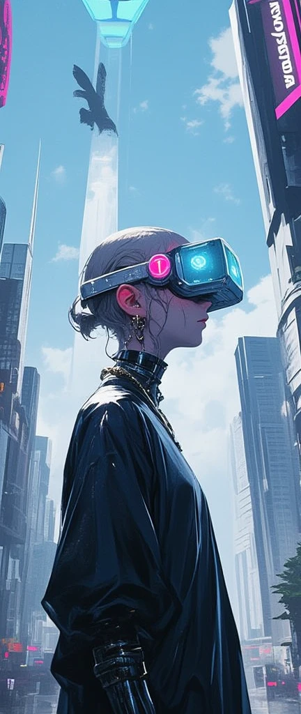  a beautiful albino woman with fairly white skin in the middle of a futuristic city using a high-tech vr headset to explore her environment a young woman as a ((holographic performer )) with ((shaved hair))