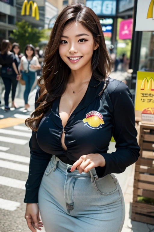  top quality 、Okayama Station McDonald's、 Japanese girl 、 McDonald's uniform、In front of the McDonald's store、A lot of people、 Sunny、Smile to customers 