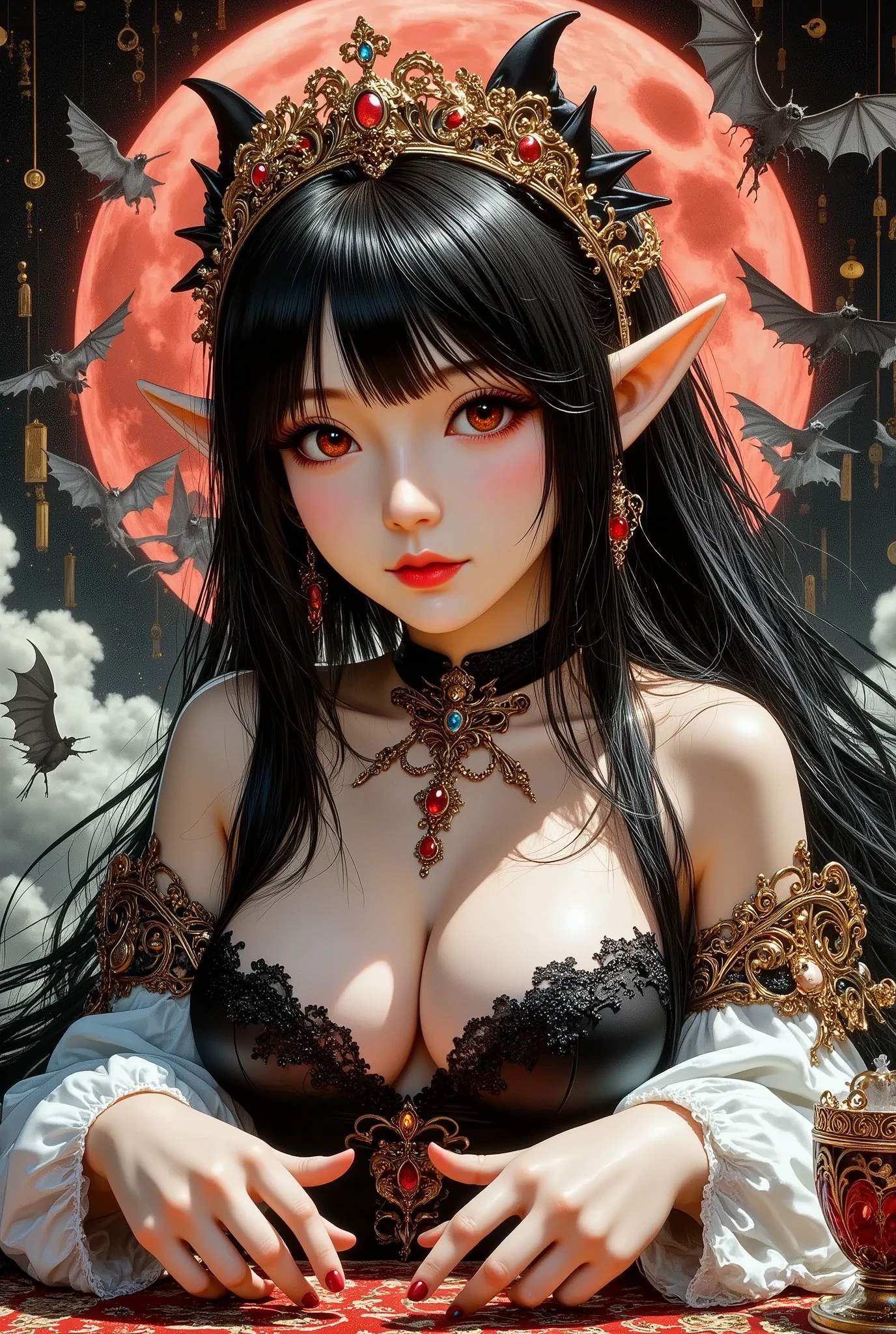 (Ultra-detailed face, Looking away, Fantasy Illustration with Gothic. Dark tone colors.), BREAK 
(Great hall of Dracula's castle in Transylvania with the red moon rising. Bats flit about. A young succubus lies in a daring pose on an opulent carpet on the floor of the hall. Her glossy hair is combed with her fingertips, and she smiles sexily.), BREAK 
(The succubus of the army of the abyss has jet black hair and eyebrows, blunt bangs, messy hair to the ground, red glowing eyes with yellow stars, small pink lips, pale skin, and dark, thick eyeliner.), BREAK 
(The Succubus of the Army of the Abyss wears a tiara with a skull motif and a black leather chukar. She wears a high-leg bodysuit of lace fabric made of raven feathers and embroidered with red thread, and stocking boots with braided red laces. On her back she has a pair of large bat-like wings.)