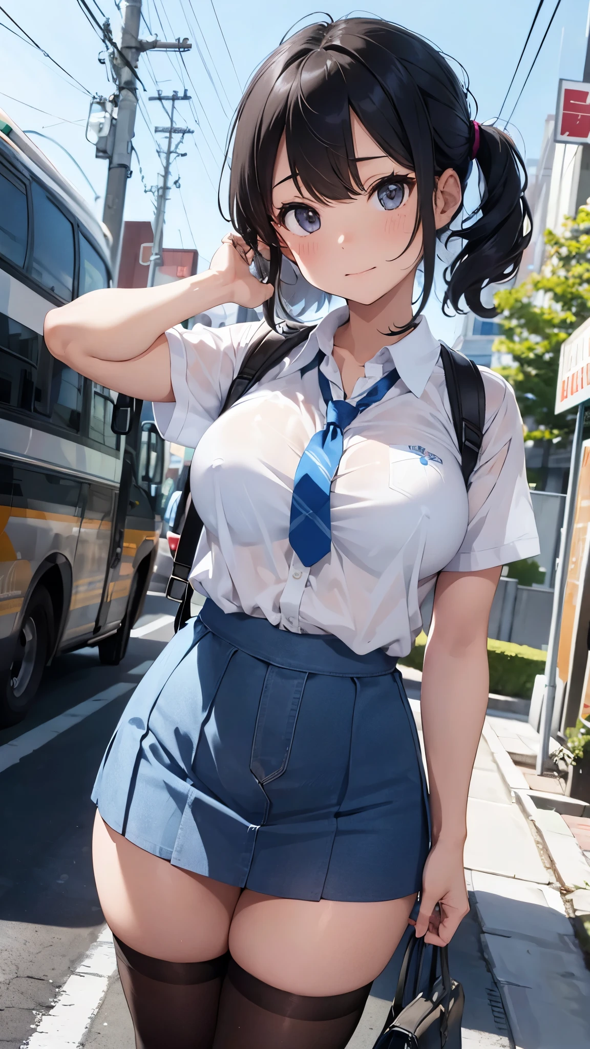 Big Breasts、 short-sleeved white shirt 、See-through bra、Blue Bra、 blue miniskirt、 lift skirt with both hands 、Schoolgirl