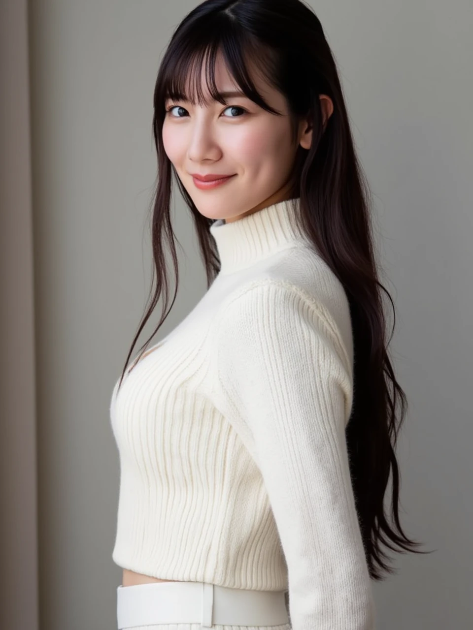 ((( top quality, very detailed, Masterpiece , very detailed,realistic,real person))) ,medium shot, looking at viewer , smile, (standing), arms behind back, medium breasts, cleavage, black hair, medium hair,virgin killer sweater, (sweater dress:1.2), ribbed sweater,cleavage cutout, turtleneck sweater,(white sweater:1.3),crop top navel