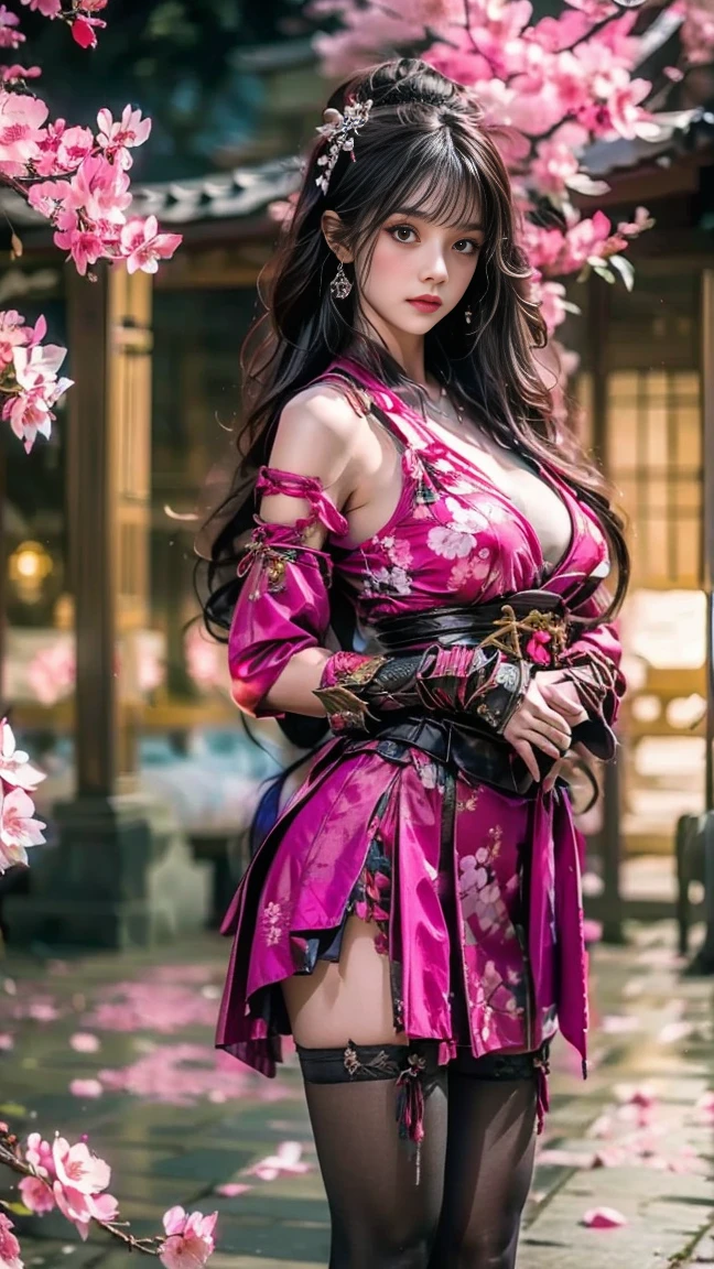   sexy female character ,  that is Warrior from the Sengoku period is dressed up  、(( tight body ))、  tight body 、  a sexy female figure dressed as a warrior from the Sengoku period  、  The sakura armor with a cherry blossom pattern ,  engraved on it ,  is of the bikini type and is designed ,  that accentuates the chest 、  wears a pink cape  、  super mini skirts  、 A shin pad with engraved cherry blossom leaves,  red high legwear 、 sakura stockings  、 Absolute domain 、(Full body)、((stands, With the upper body bent forward ,  the hands lie on her hips ))、  looks at the camera、  strong yet elegant atmosphere  、 She holds a sword with sharp eyes  、  front、  that is still ready ,  to take on the battle  、 The background is a battlefield with cherry blossoms scattered all over 、  she has plump breasts and plump thighs  、  super high resolution and realistic touch  、  shiny armor and fabric texture  、  shows dynamic Poses in every detail  、