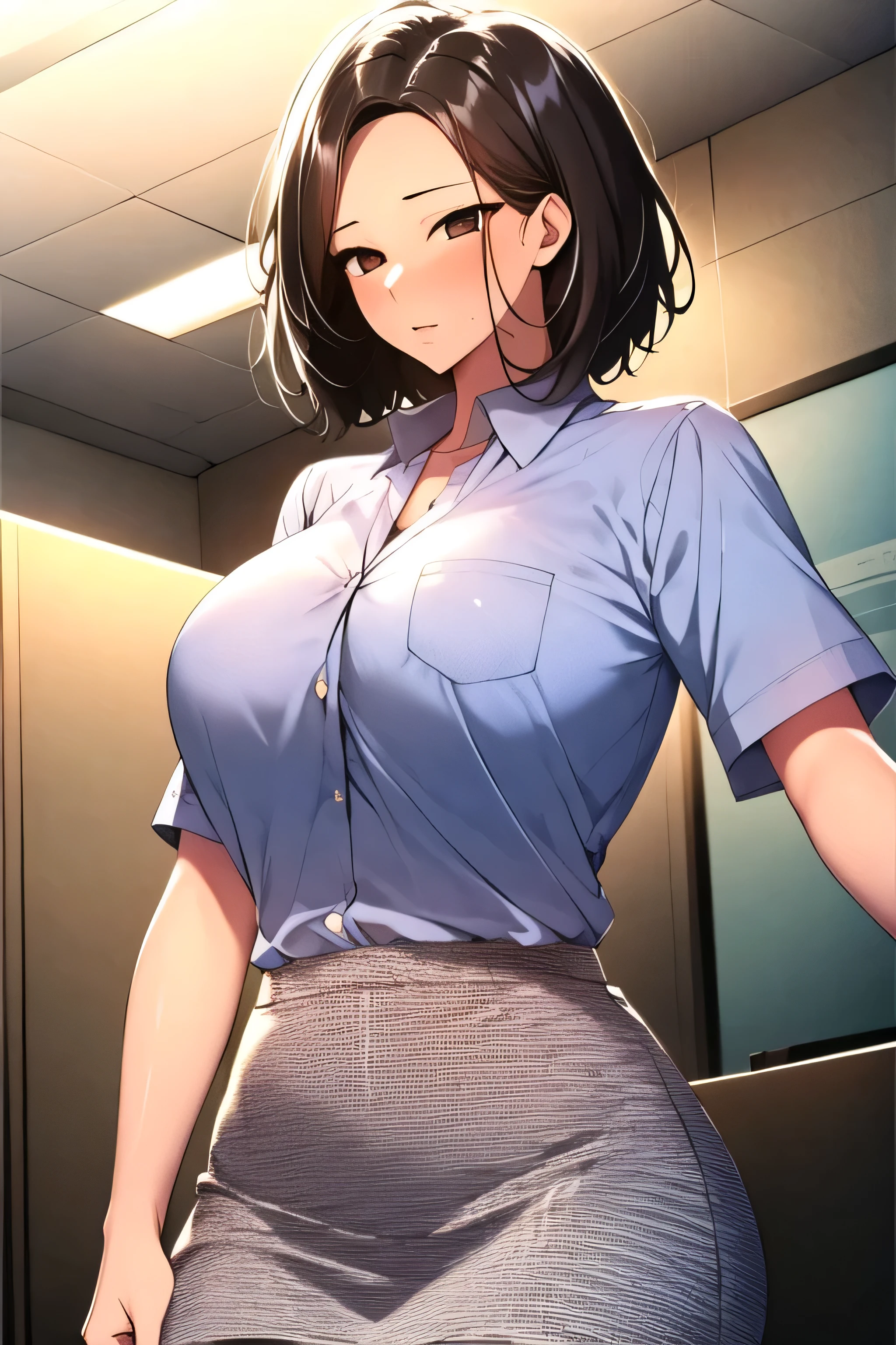 female, sexy, fit, short hair, black hair, brown eyes, big breasts, office worker shirt