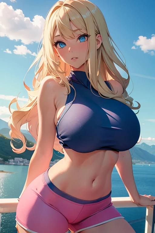  Beautiful blue-eyed blonde girl with huge tits dressed in sportswear that highlights her huge breasts, pink, on a mountain overlooking the sea ,  Full body , sports shorts ,  highlight the shape of the vagina , The sportswear is completely pink