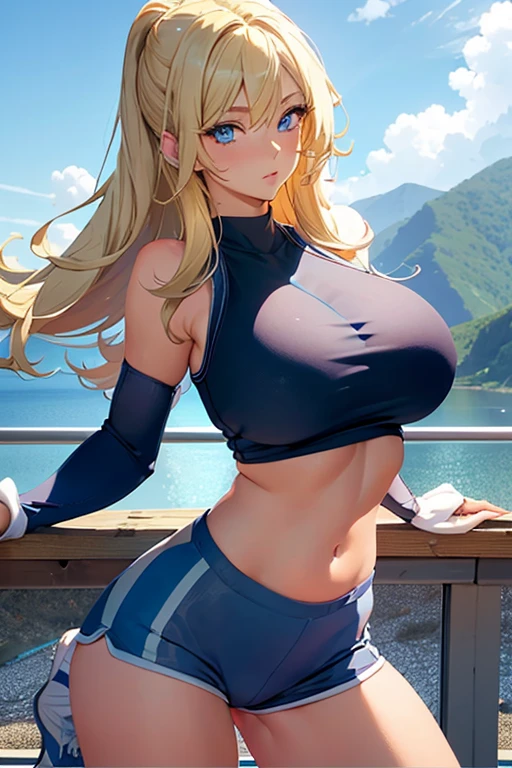  Beautiful blue-eyed blonde girl with huge tits dressed in sportswear that highlights her huge breasts, pink, on a mountain overlooking the sea ,  Full body , sports shorts ,  highlight the shape of the vagina 