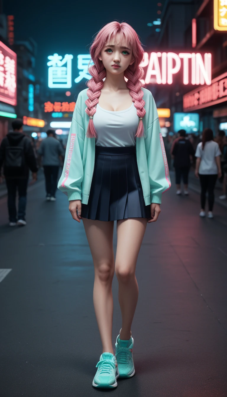           A pretty girl       ,    Japanese      , with healthy appearance ,  The expression would be    , Bold pose,               detailed embroidery         ,             high quality, 8k,               realistic photo            ,              dramatic lighting          ,               vivid colors              ,(              masterpiece              ,                top quality              ,  :1.2),  (                       cyberpunk urban scene illuminated by neon lights                       ), (Alone:1.4), (                Elegant and cool             ),               Bright neon details               :1.3), (     sexy expression     :1.1) ,                Confident and relaxed poses                 :1.3),   holographic clothing for outdoor use                , (              dynamic lighting         ,          Mitsuri Kanroji is a young woman with bright green eyes,         She has long pink hair mixed with neon green paint         ,          wearing three thick braids and five shorter locks falling over her nose like fringes.          Big breasts         ,        full body photo   ,      sexy full body clothes  , tennis nike ,   tight clothing, short skirt,.
