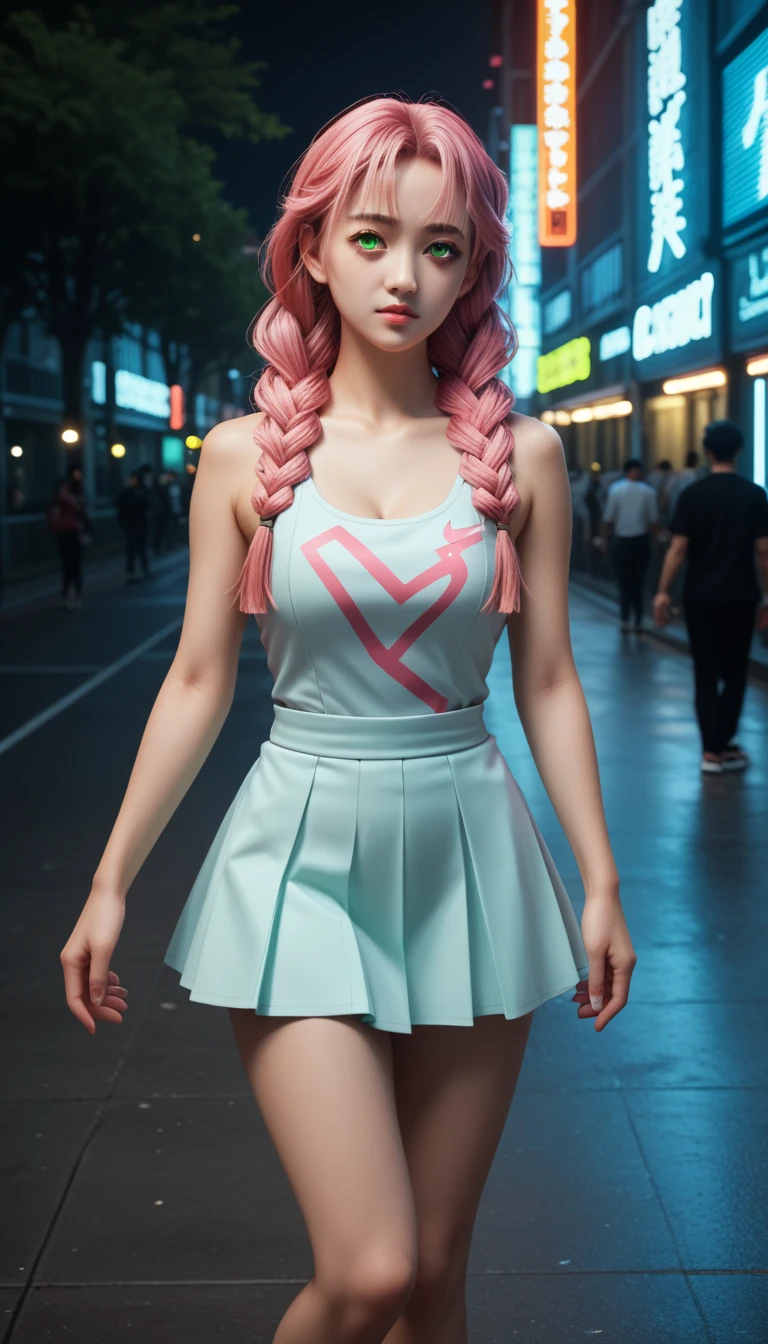           A pretty girl       ,    Japanese      , with healthy appearance ,  The expression would be    , Bold pose,               detailed embroidery         ,             high quality, 8k,               realistic photo            ,              dramatic lighting          ,               vivid colors              ,(              masterpiece              ,                top quality              ,  :1.2),  (                       cyberpunk urban scene illuminated by neon lights                       ), (Alone:1.4), (                Elegant and cool             ),               Bright neon details               :1.3), (     sexy expression     :1.1) ,                Confident and relaxed poses                 :1.3),   holographic clothing for outdoor use                , (              dynamic lighting         ,          Mitsuri Kanroji is a young woman with bright green eyes,         She has long pink hair mixed with neon green paint         ,          wearing three thick braids and five shorter locks falling over her nose like fringes.          Big breasts         ,        full body photo   ,      sexy full body clothes  , tennis nike ,   tight clothing, short skirt,.
