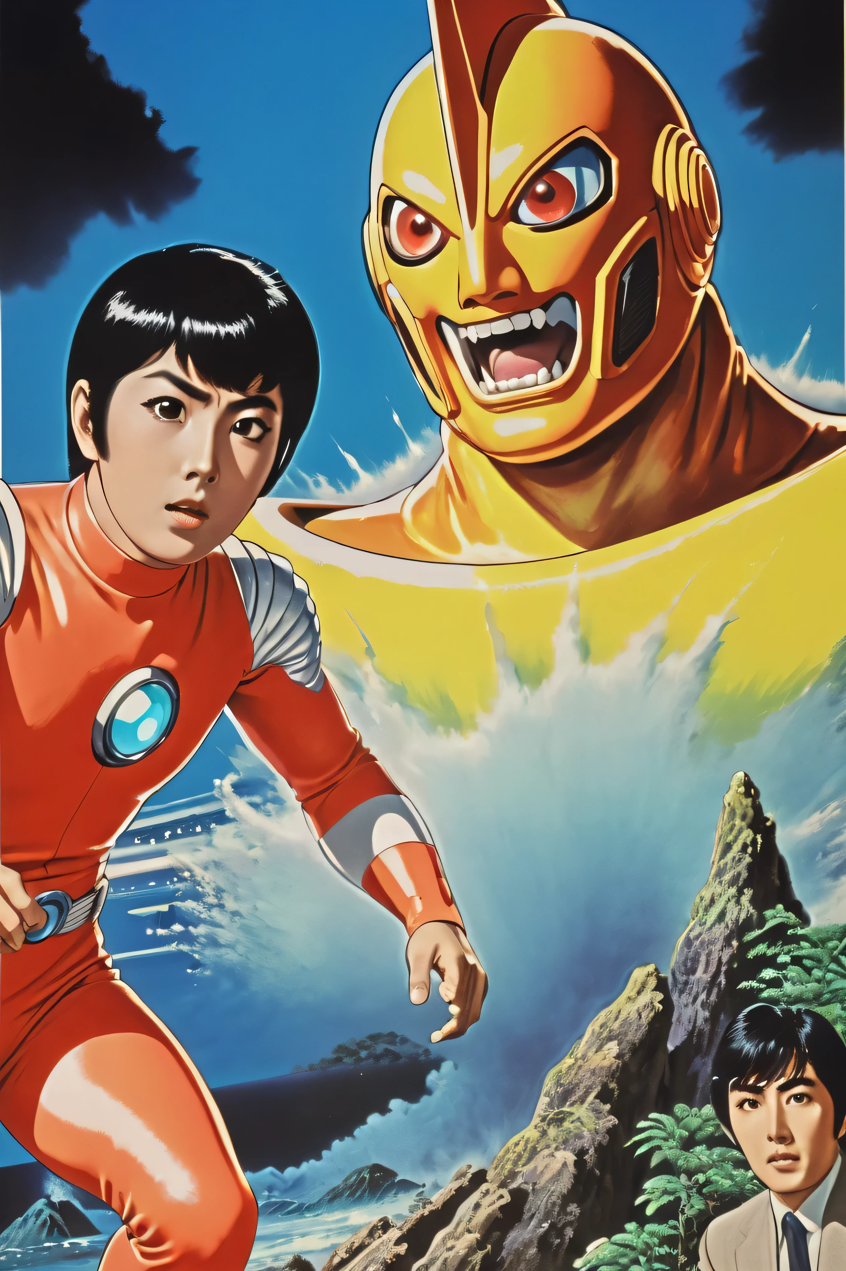 Manga characters, 1970's comic art , 1970's Japanese TV show monster, detailed Digital Paint, bright color, dynamic composition , Dramatic lighting, vintage aesthetics , ( top quality,4K,8k, high definition ,masterpiece:1.2), {{more}} ,( realistic ,photo realistic ,photo- realistic :1.37), Extremely Detailed Eyes and Faces , has long eyelashes, Beautifully Drawn , dynamic composition ,Dramatic lighting, bright color, retro anime style poster 、 retro futuristic ,1960s anime , 1970's Japanese TV , Tsuburaya Productions , there is a picture of a book with a cartoon of a man and a monster, japanese comic book, manga 1980, by Akira Toriyama, 1980 manga, ultraman, by Urakusai Nagahide, manga 1 9 9 0, manga 1990, by Kanzan Shimomura, by Shinoda Toko , SFX transformation hero , Manga art, Digital Paint