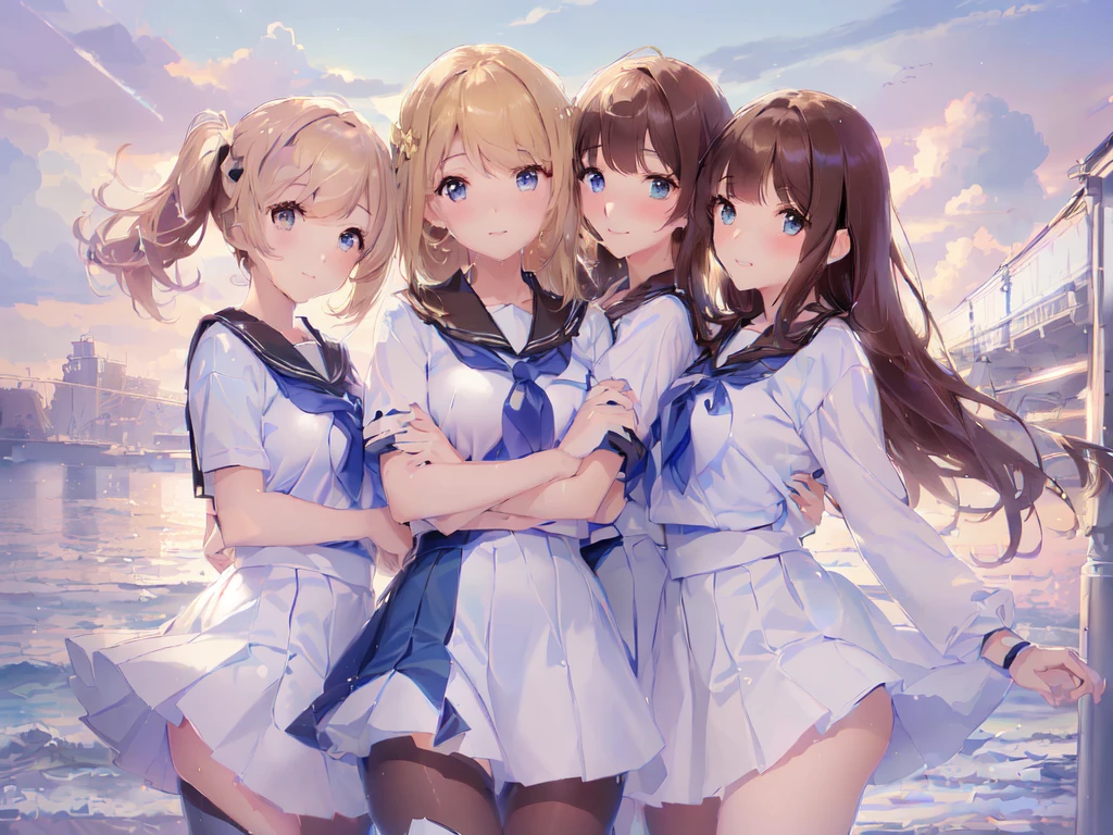 ((highest quality)), ((masterpiece)), (3 Women:1.5), Cute woman is posing for the camera, (underwater), (shirtを持ち上げる:1.3), (open your mouth and smile:1.3), ray tracing, ((tits), (small nipple), nipple, chest, hair band, head band, hair bobble, blouse, shirt, (high definition thighs), (line up in a row), 12 talents、13 years old、14 years old、15 years old、Asian, Westerners, silver hair, brown hair, blonde, (belly button), jewelry, looking at the viewer, necklace, long hair, short hair, (abs),(written boundary depth), (A strong wind blows from below and my skirt completely flips up..:1.3),