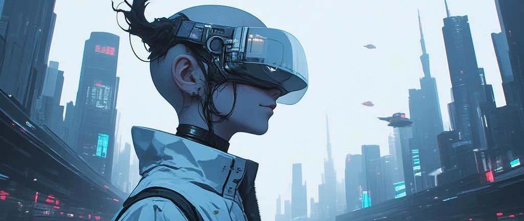  a beautiful albino woman with fairly white skin in the middle of a futuristic city using a high-tech vr headset to explore her environment a young woman as a ((holographic performer )) with ((shaved hair))