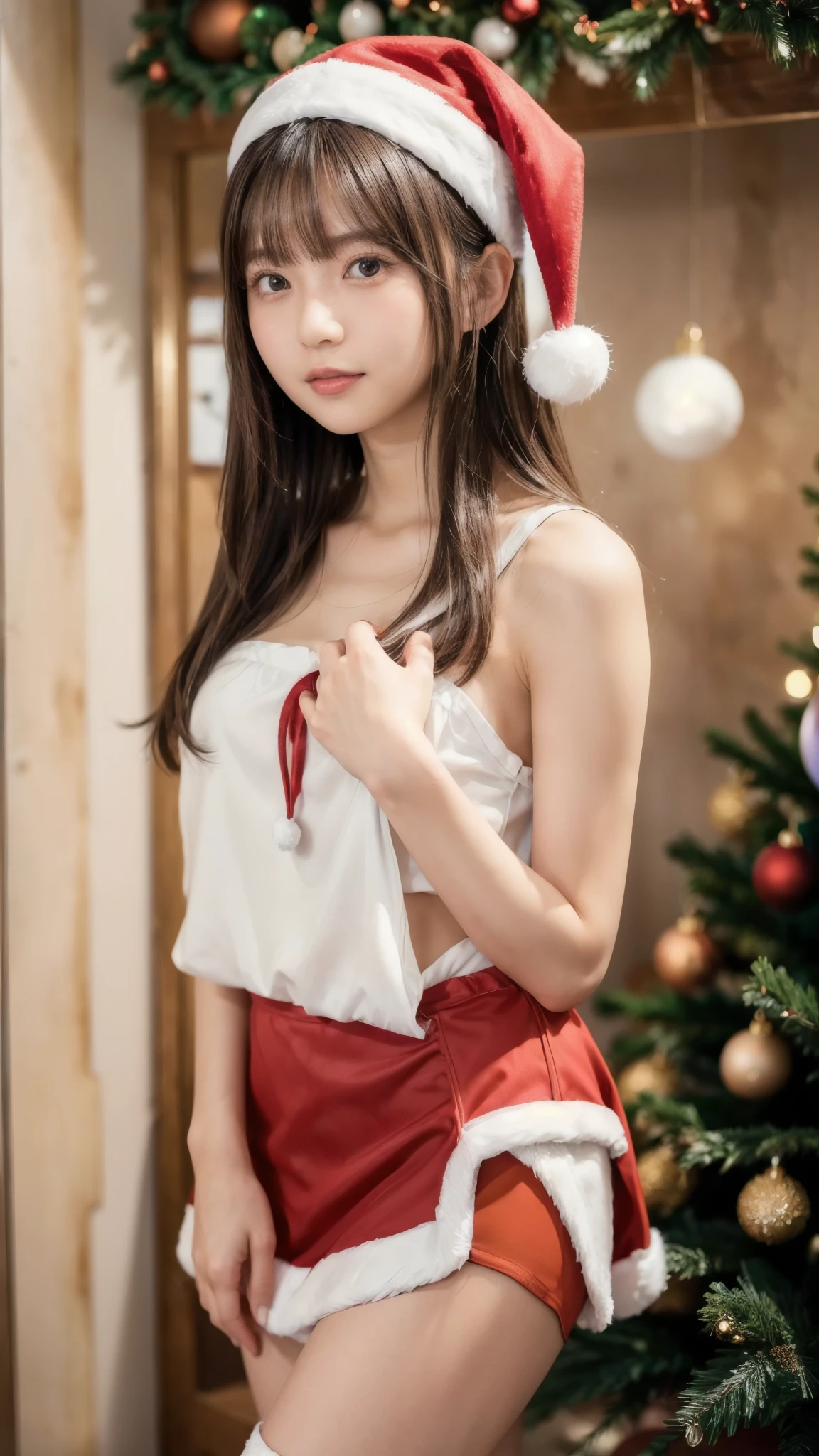 (((Light Pink Santa Hat))), (((Wearing light pink off shoulder santa costume with miniskirt))),(((hands on gift))),(((looking at viewer:1.5))),(((view full body))),(((Photographing a girl from booty) )),ulzzang-6500-v1.1, (Raw photo:1.2), (Photo realistic:1.4), a beautiful detailed girl, extremely detailed eye and face, beautiful detailed eyes, ultra-detailed, High resolution, top-quality, masterpiece, highly detailed, 8k wallpaper, Wonderful, finely detail, top-quality, Light on the face,movie lighting,1girl in, (Near Christmas tree),Beautiful eyes,teary eyes, smile,Opening Mouth