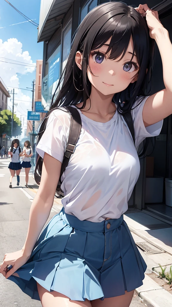  short-sleeved white shirt 、See-through bra、Blue Bra、 blue miniskirt、 lift skirt with both hands 、Schoolgirl、A desert with nothing up to the horizon、blue sky and entrance clouds 