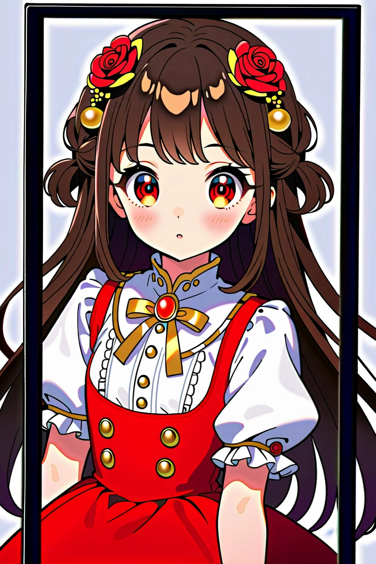 Front，ID photo，red skirt and black ， she has brown hair and eyes 。 with balls on both sides of her head ， shoulder-length hair ， an anime girl and wears red rose flower ornaments on her head。she is wearing a white blouse， has gold buttons and pink cuffs .。 pretty and well-groomed style 